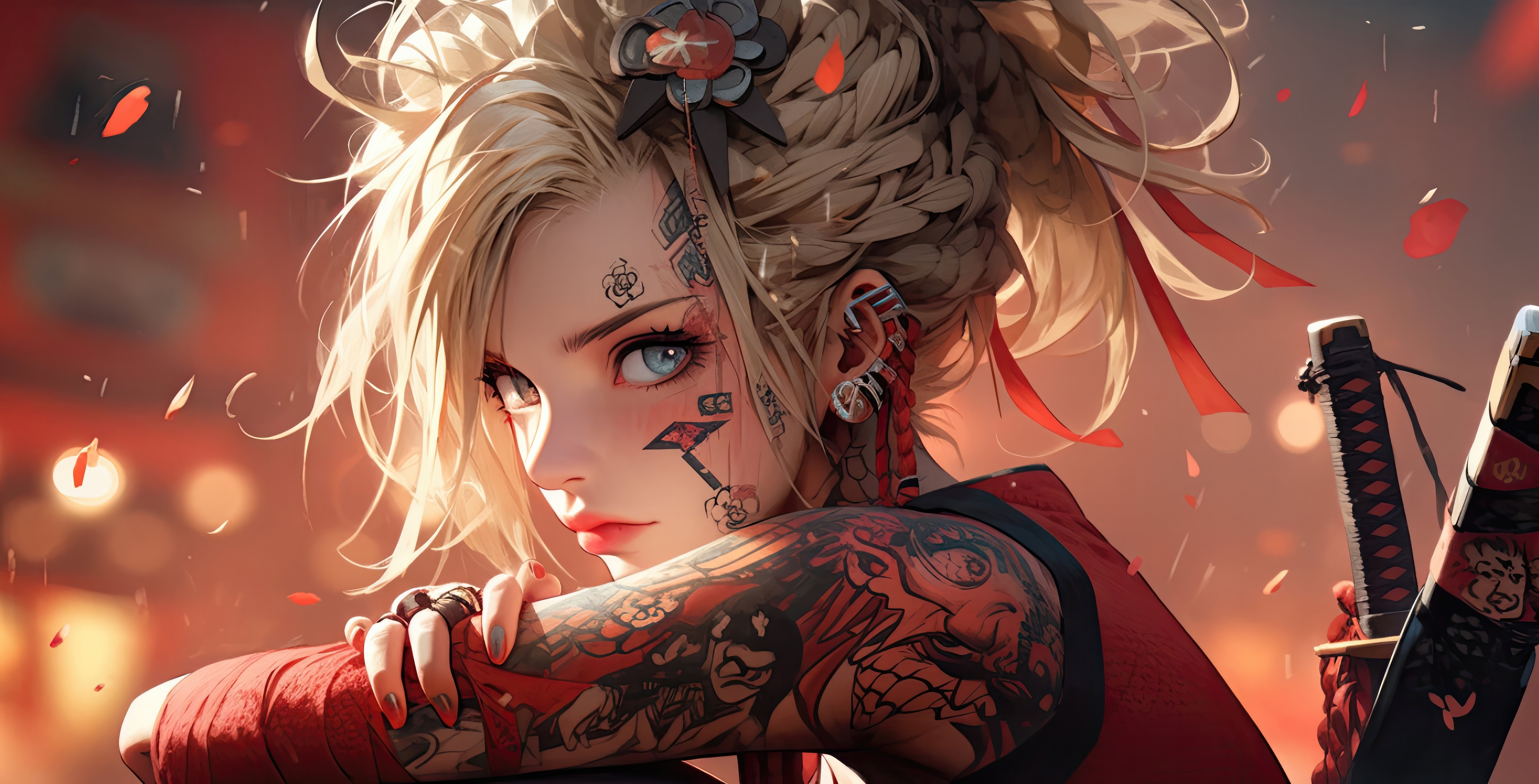 Anime girl with tattoos and swords HD Wallpaper