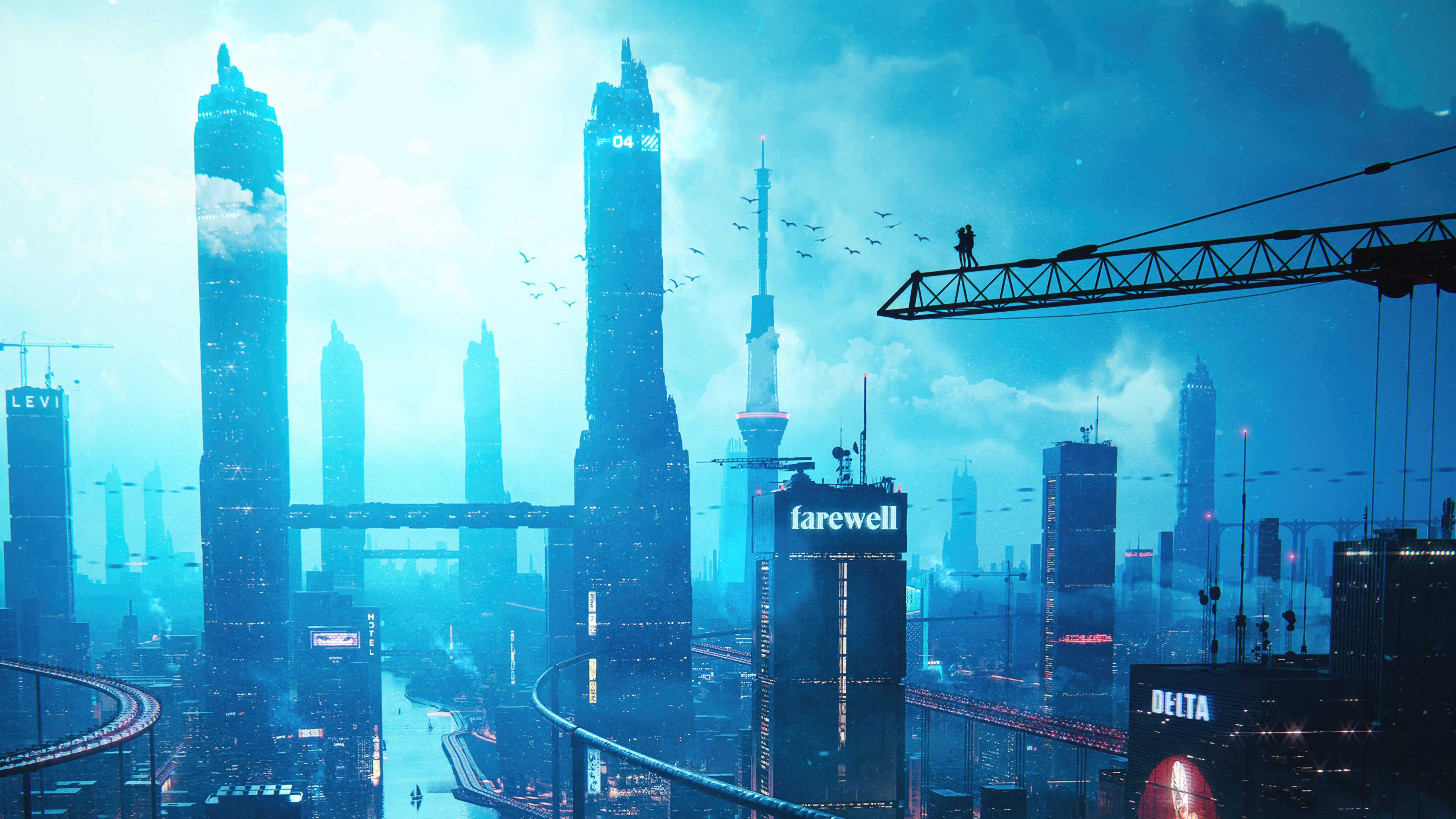 Couple on a crane in a futuristic city HD Wallpaper