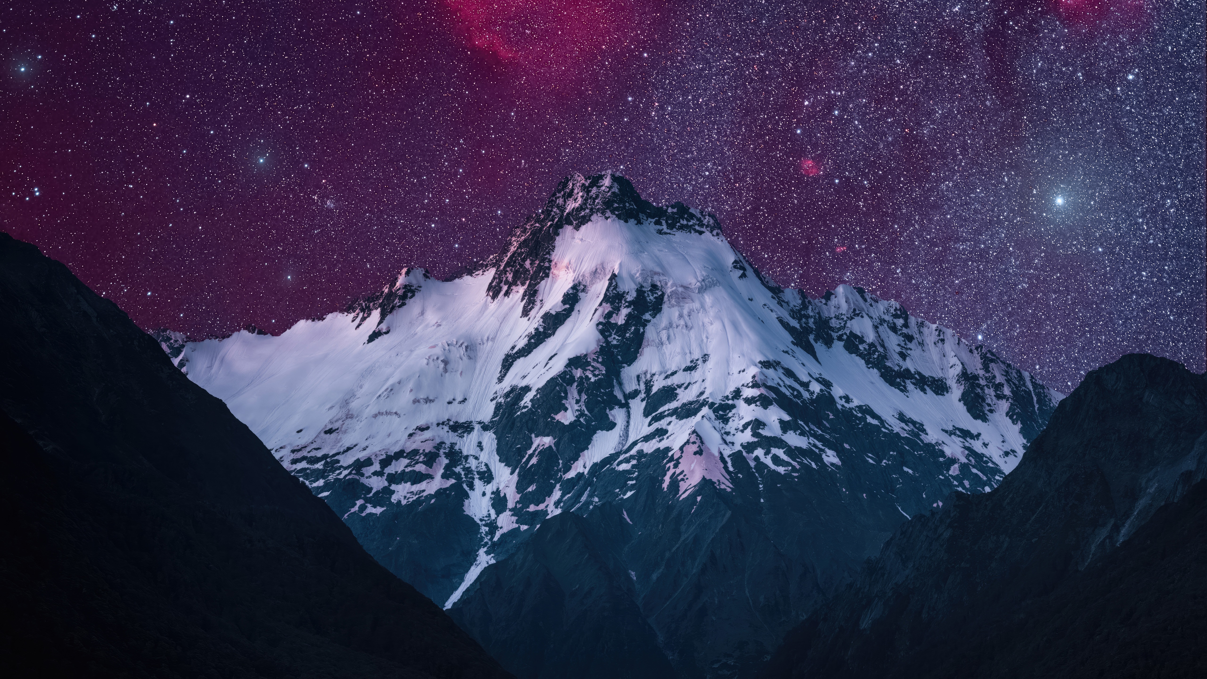 Snow-capped mountains under a starry purple sky HD Wallpaper