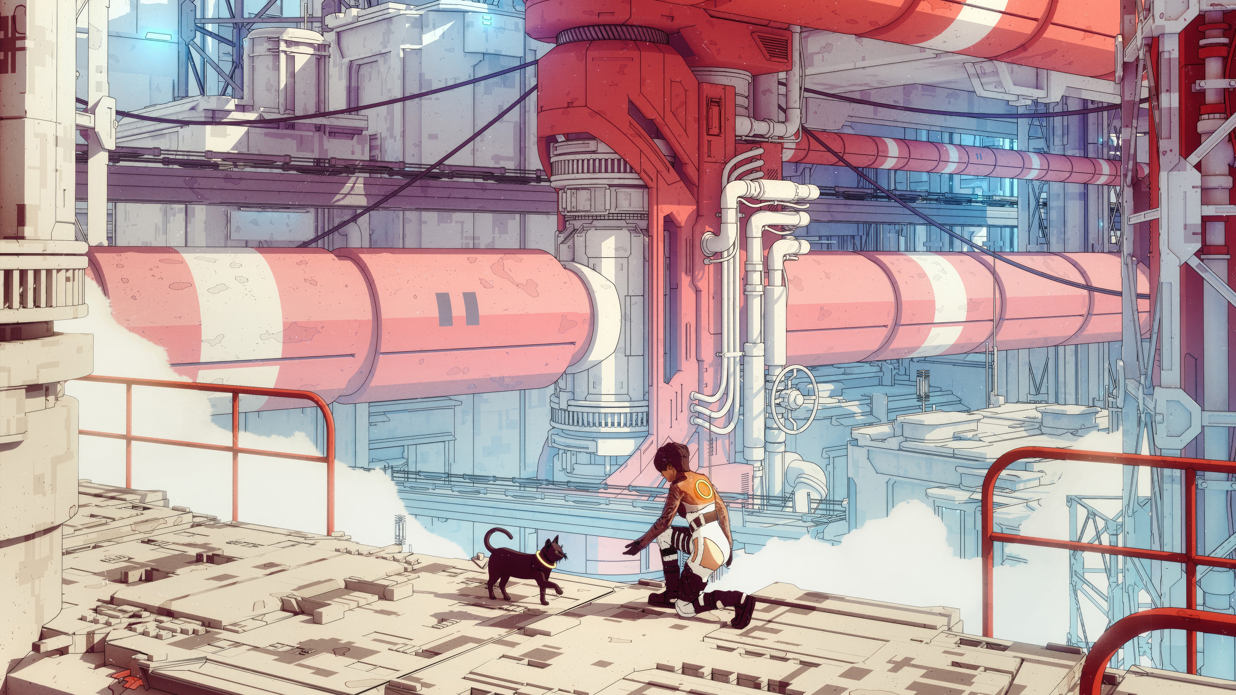 A person and a cat in a futuristic industrial setting HD Wallpaper