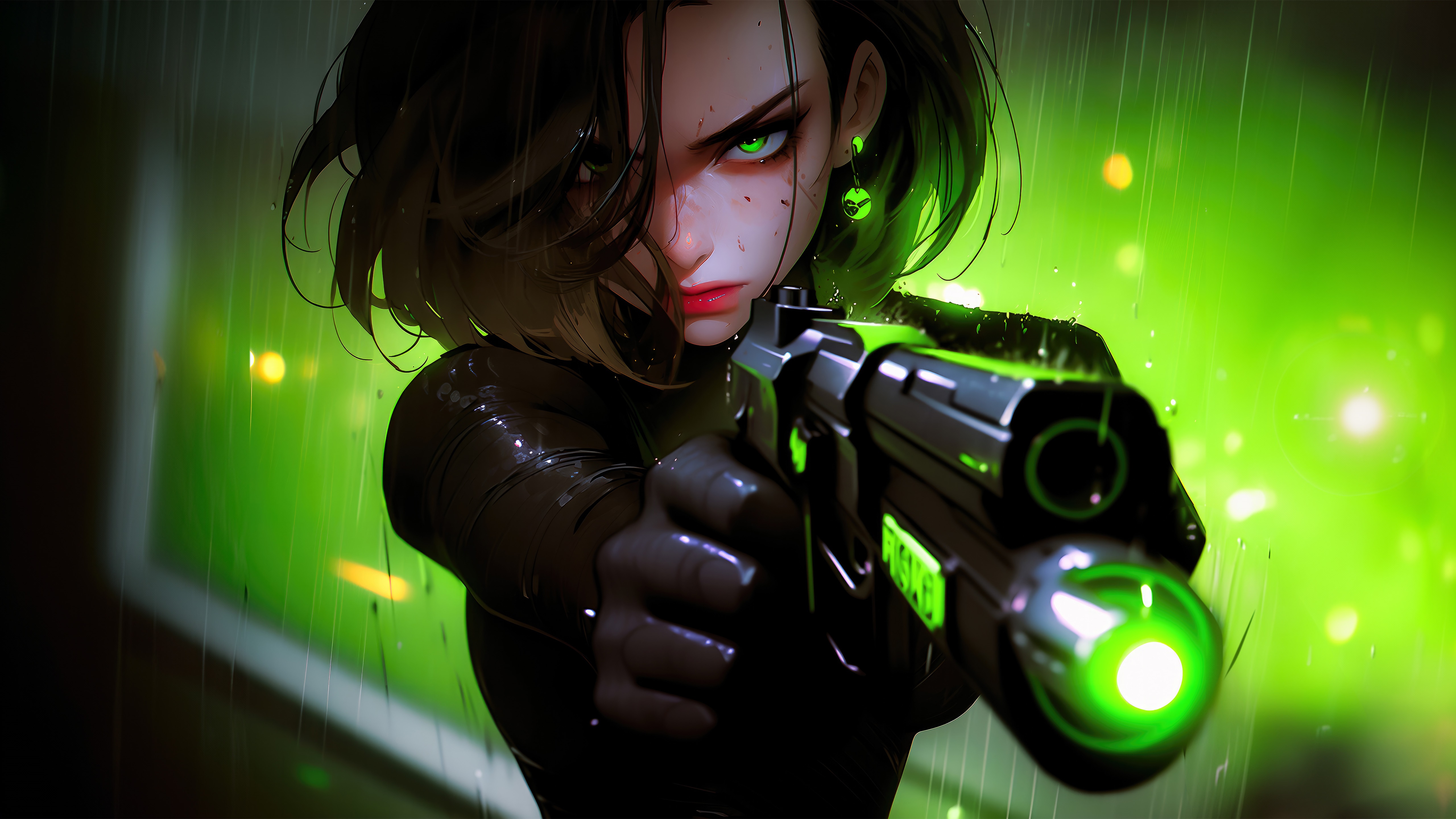 Anime woman with green eyes holding a gun HD Wallpaper