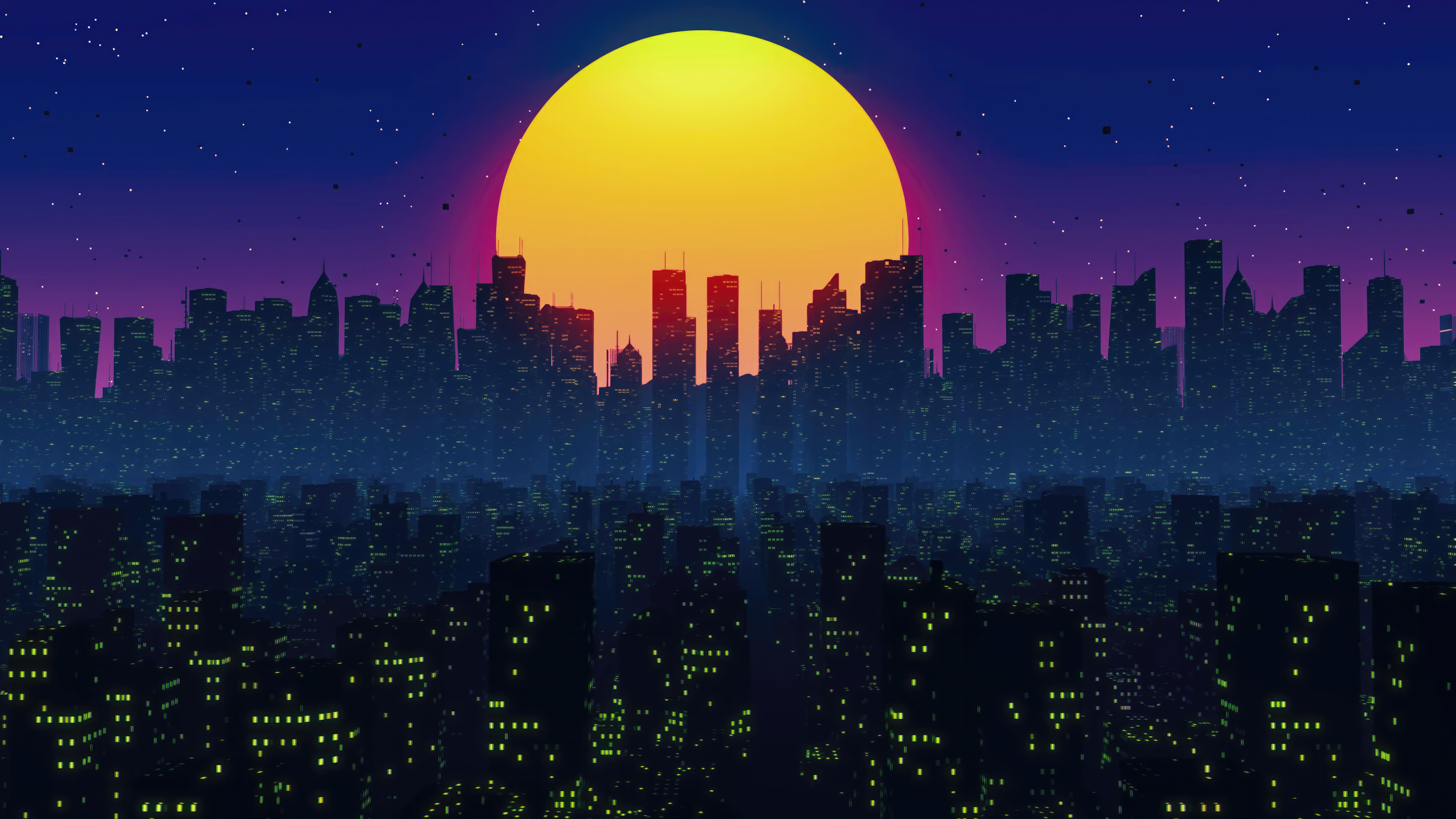 Retrowave Cityscape with Large Sun HD Wallpaper