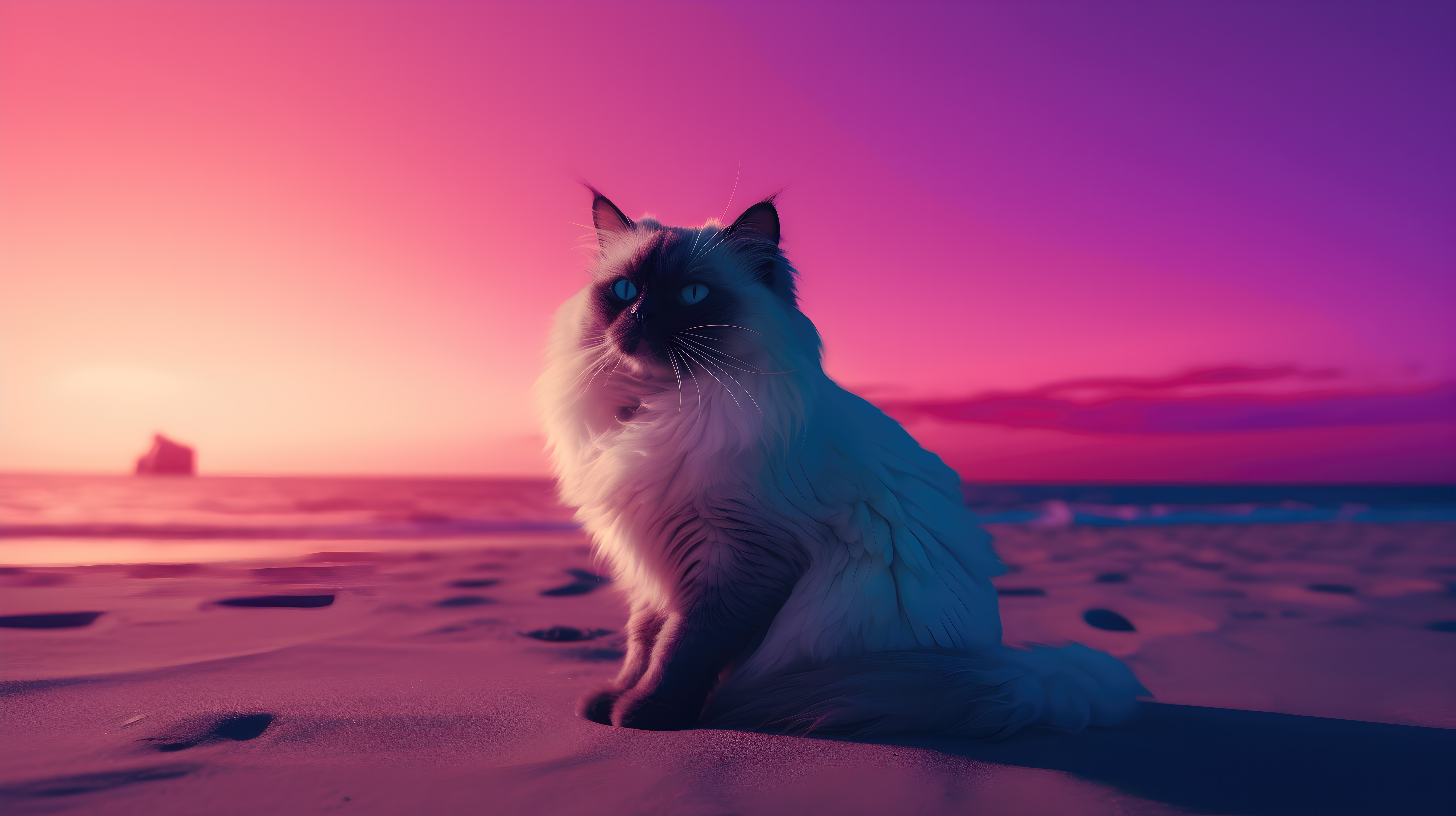 Ragdoll cat on a beach at sunset HD Wallpaper