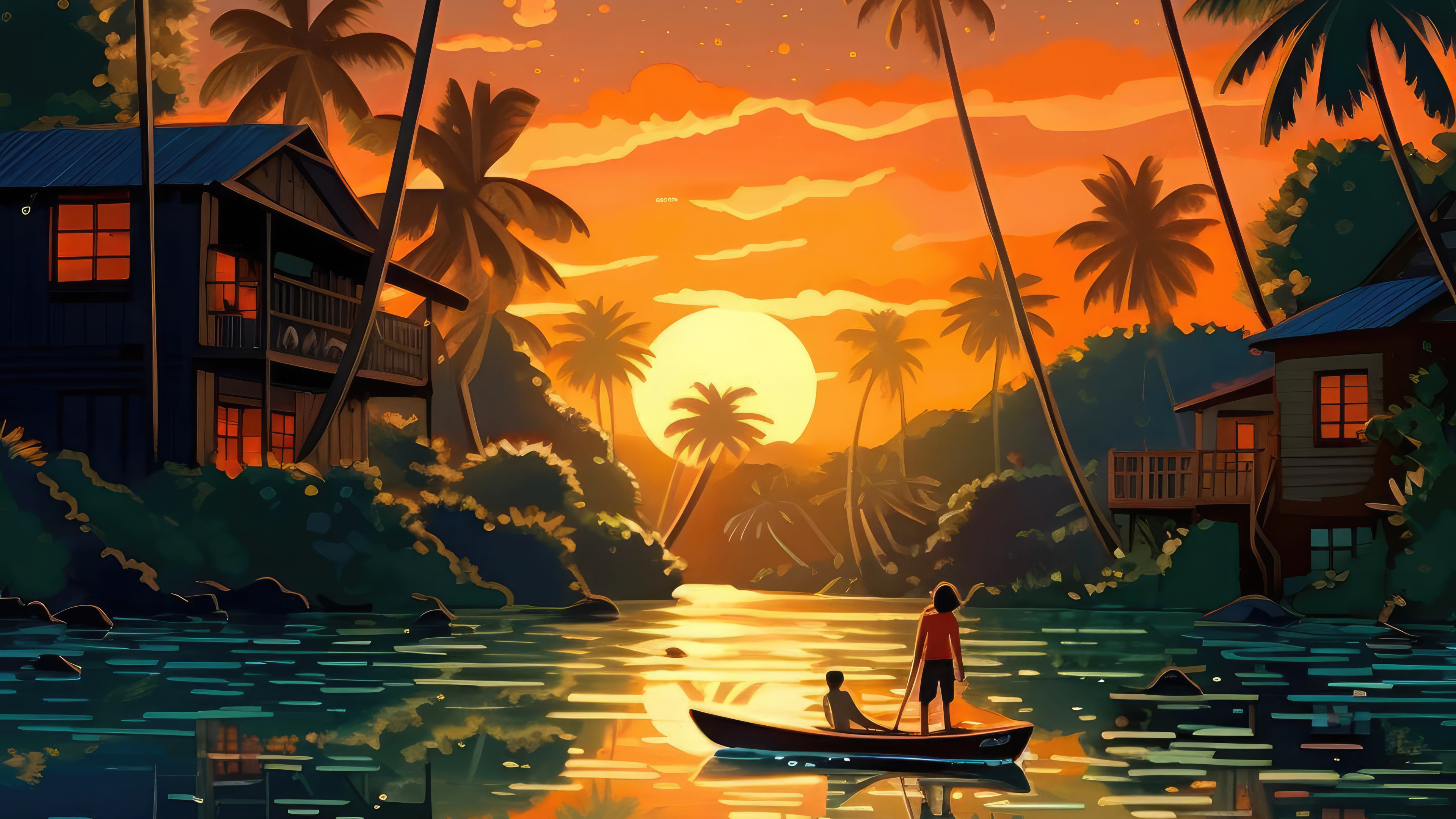 Tropical sunset over a river with two people in a boat HD Wallpaper