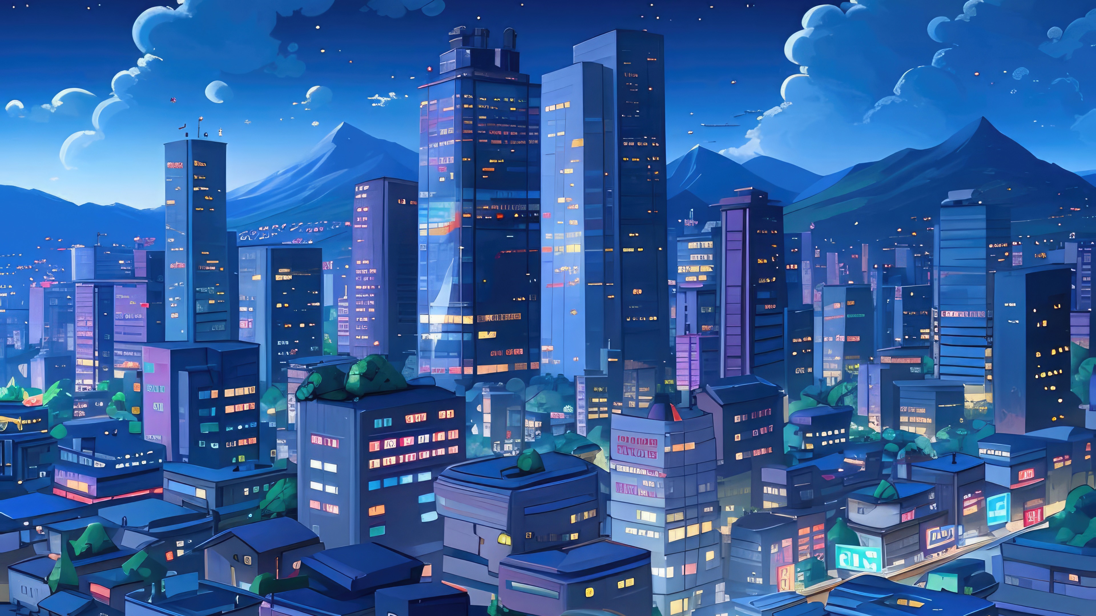 Anime Cityscape at Night with Mountains HD Wallpaper