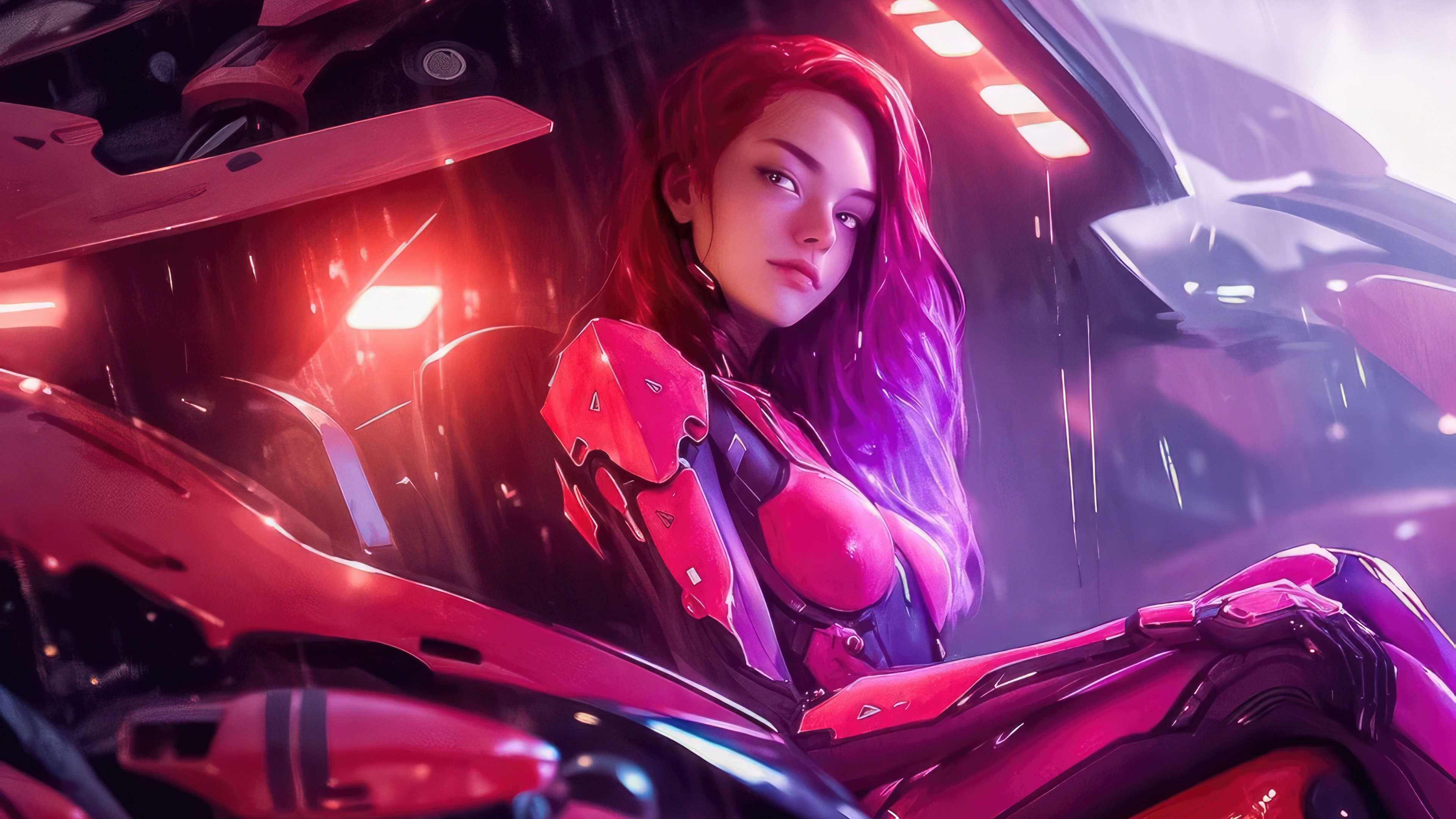 AI Girl in Futuristic Pink and Red Armor HD Wallpaper