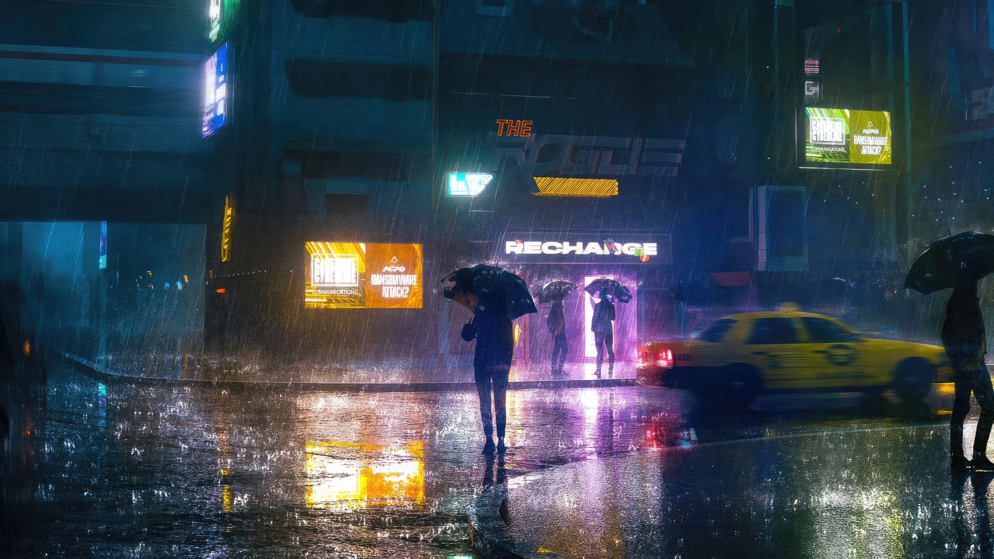 Digital Art of a Rainy Cyberpunk City at Night HD Wallpaper