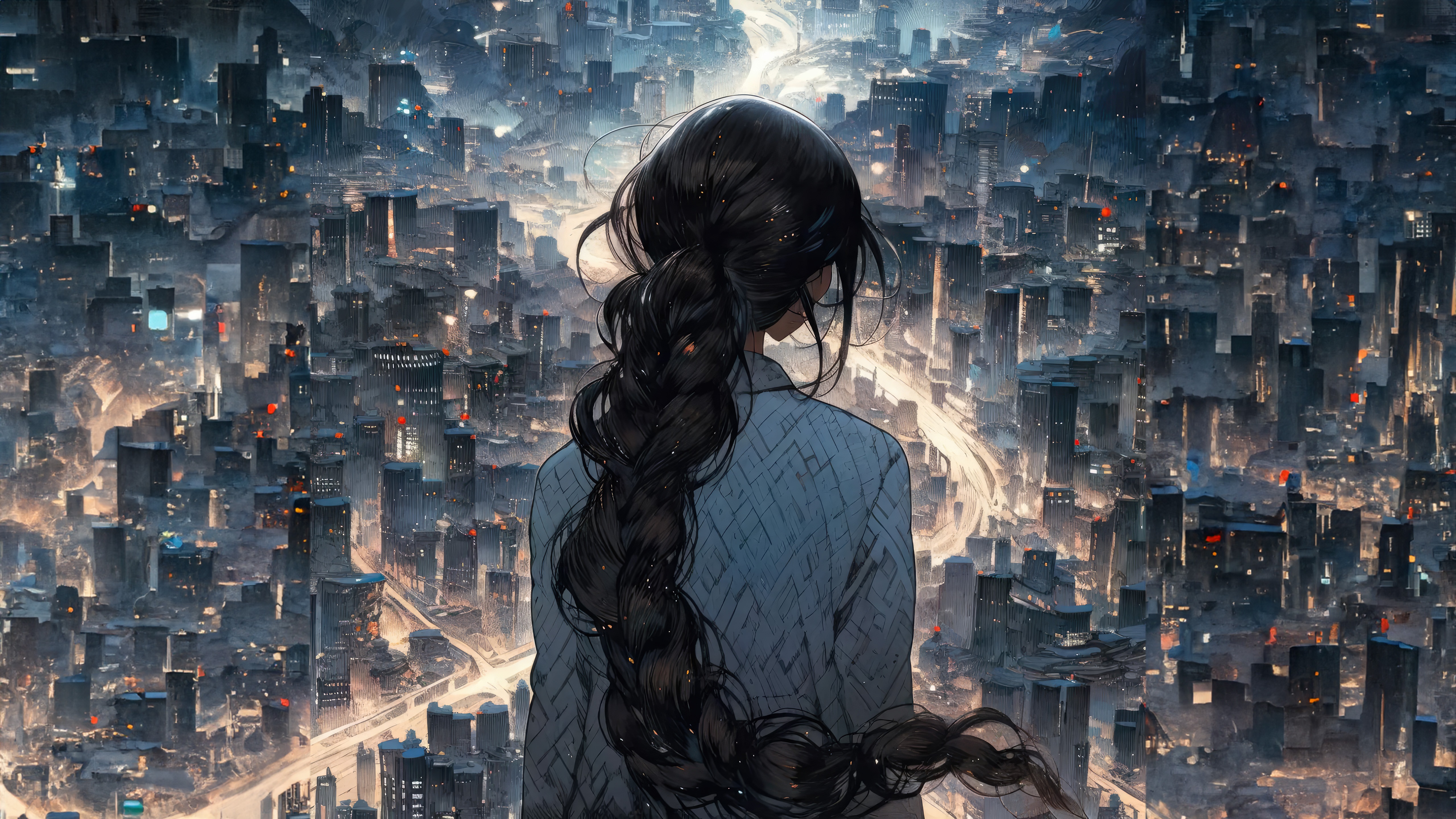 Artwork of a woman overlooking a futuristic city HD Wallpaper