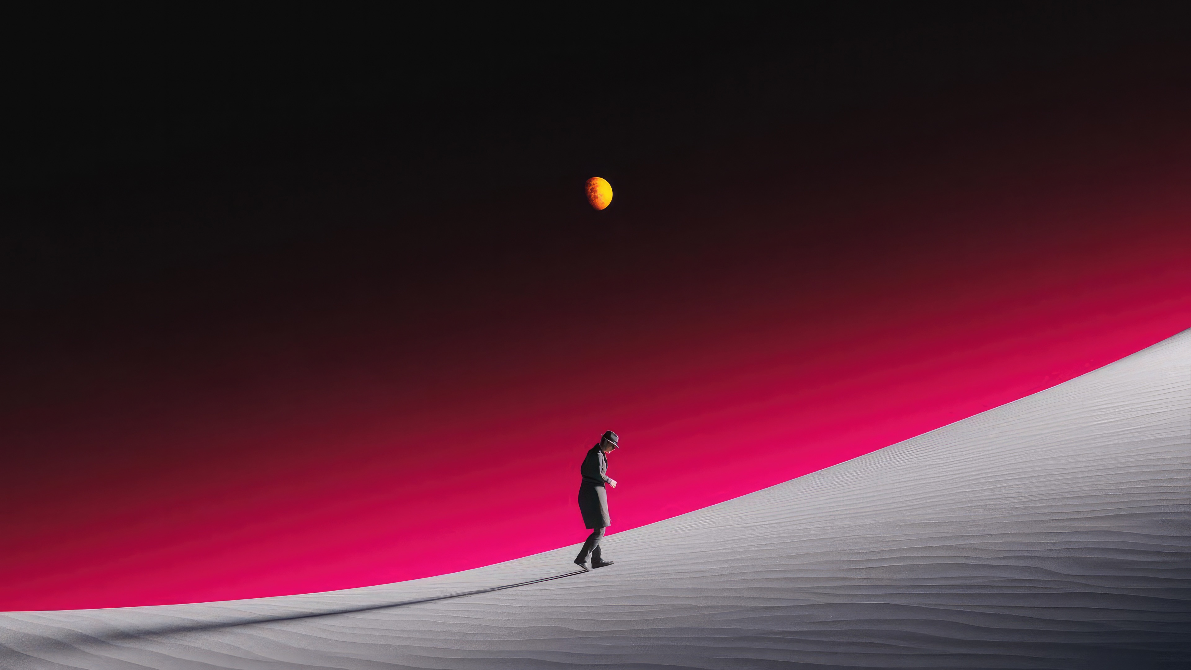 Digital art of a person walking on sand dunes under a red sky HD Wallpaper