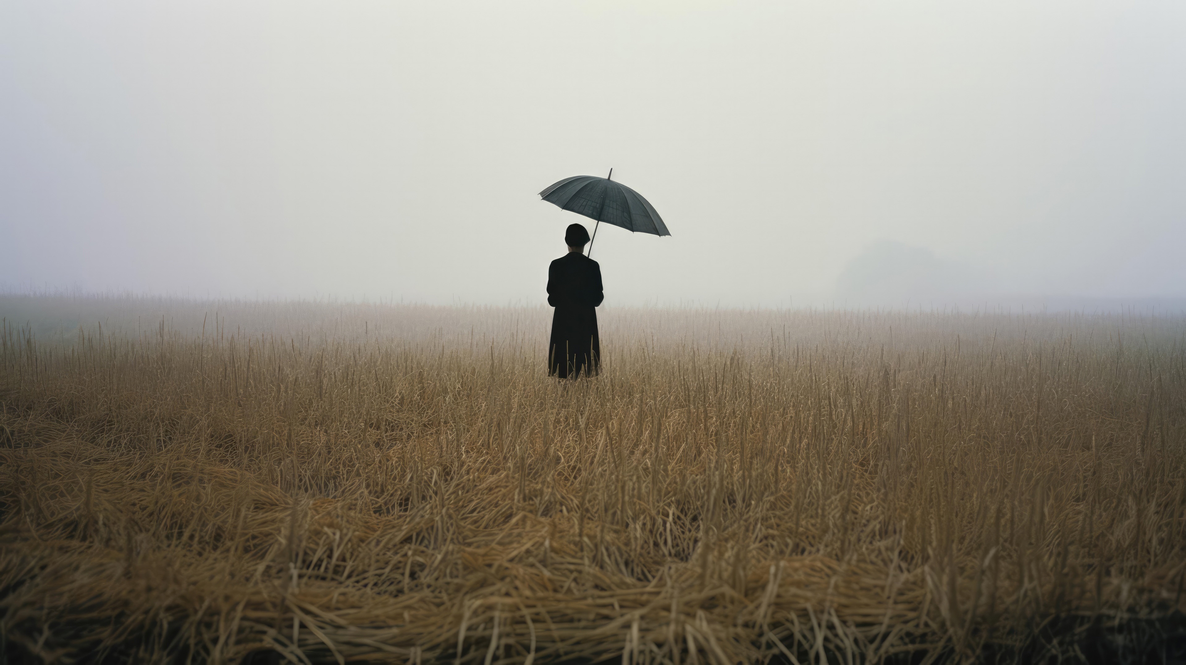 Person with umbrella in a foggy field HD Wallpaper