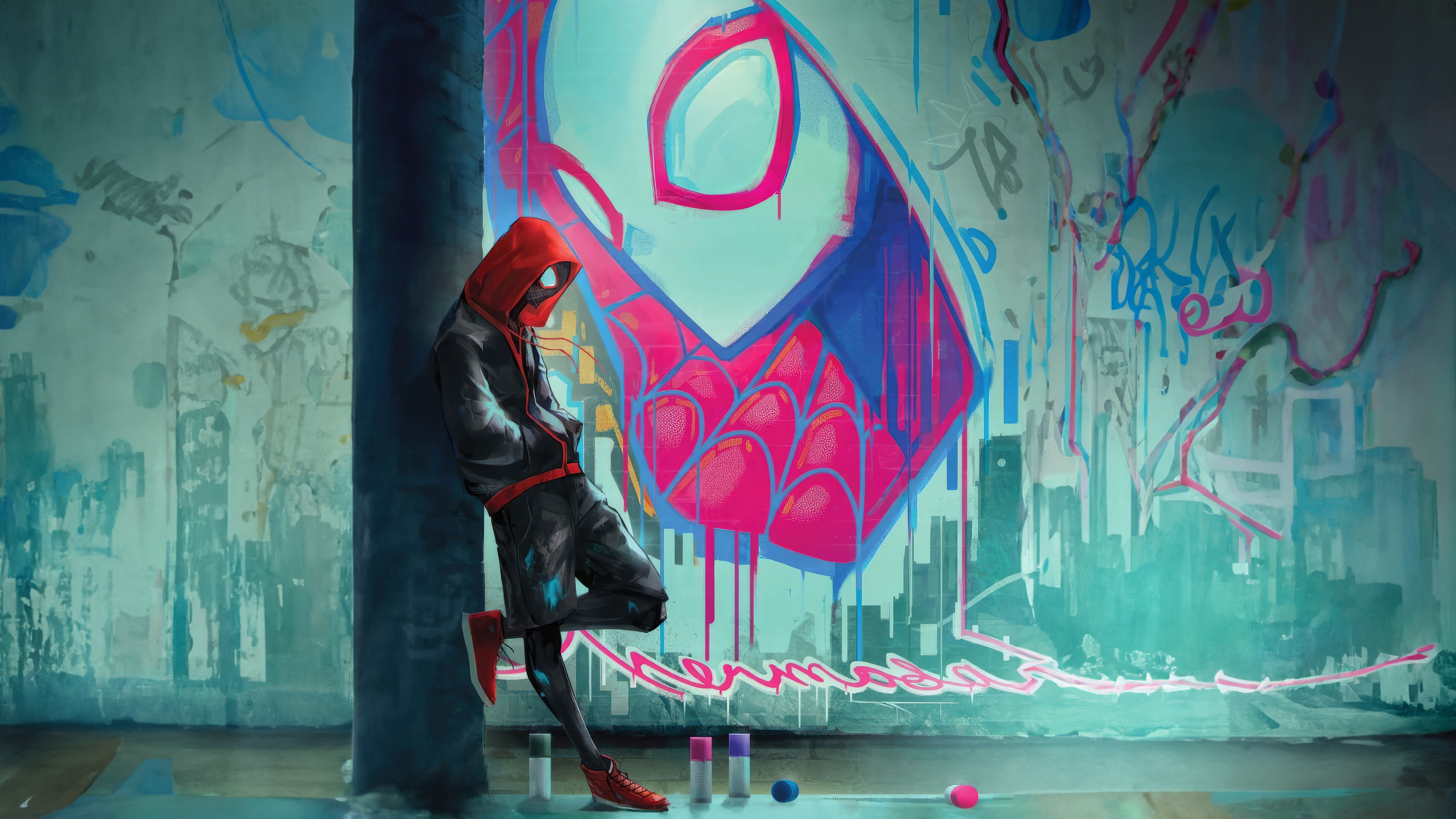Miles Morales leaning against a graffiti wall HD Wallpaper