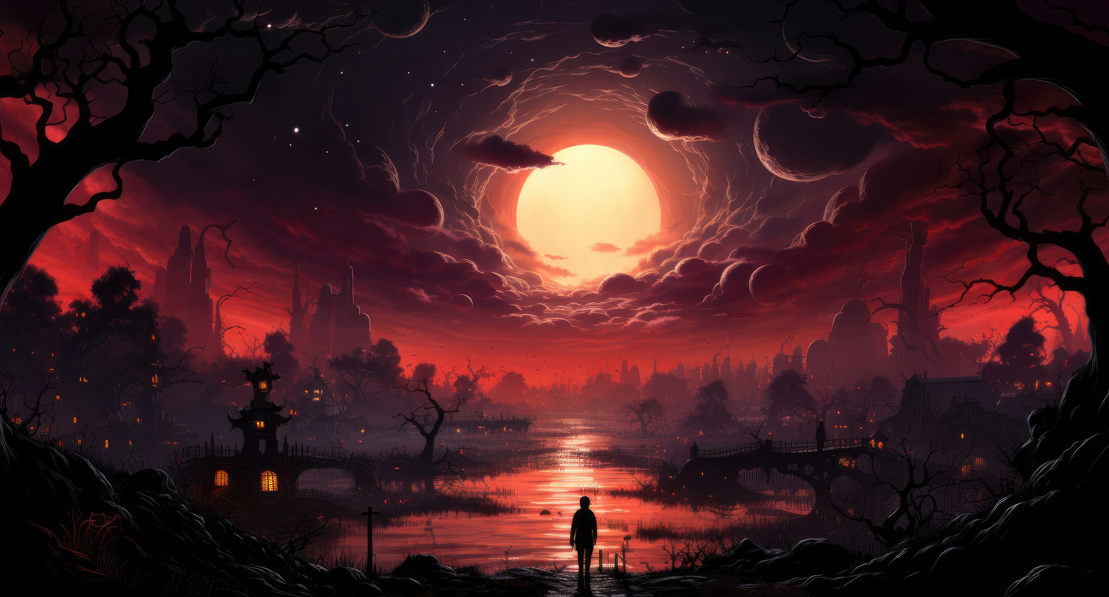Digital artwork of a lone figure under a large moon HD Wallpaper