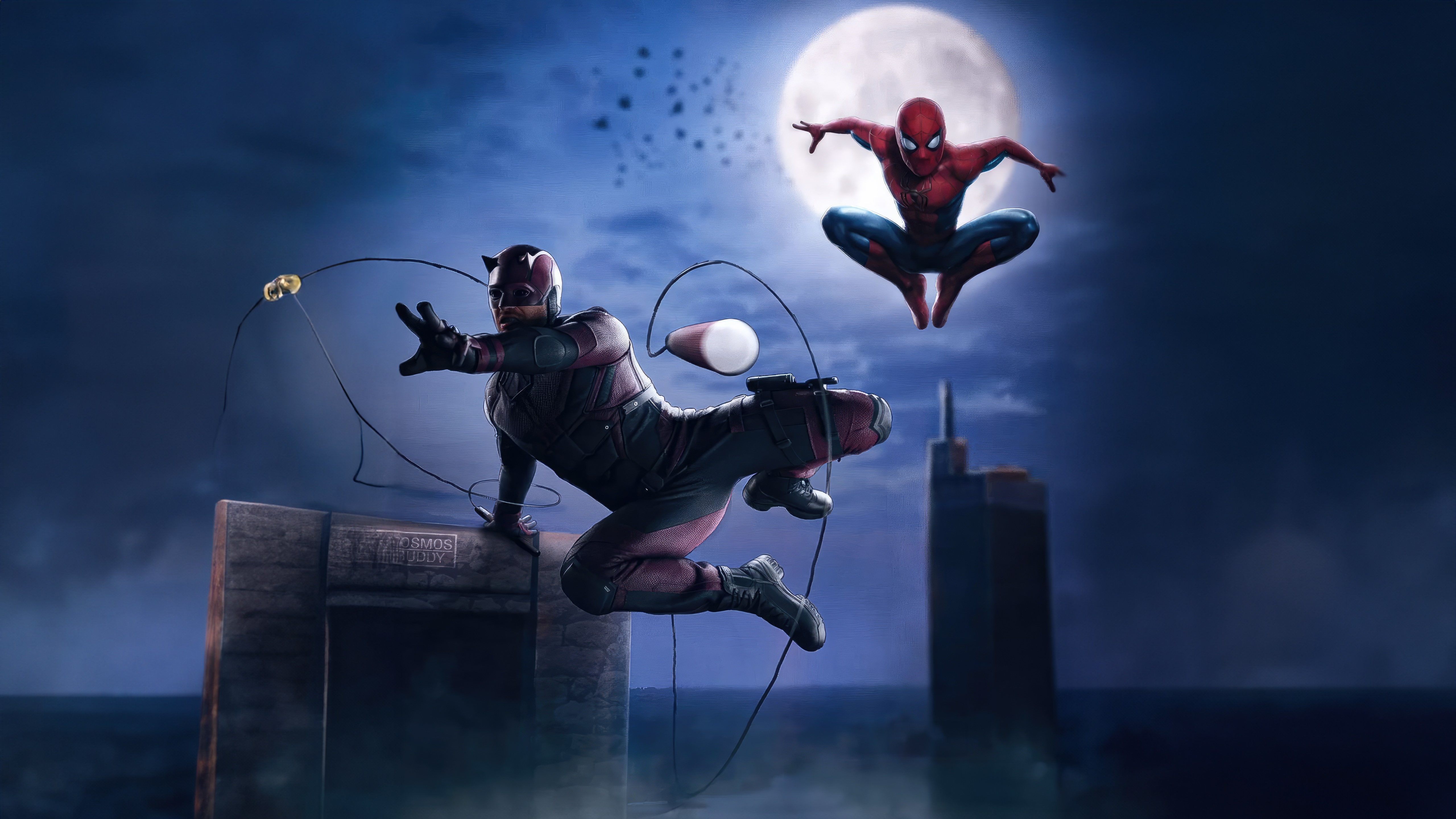 Daredevil and Spider-Man in front of a full moon HD Wallpaper