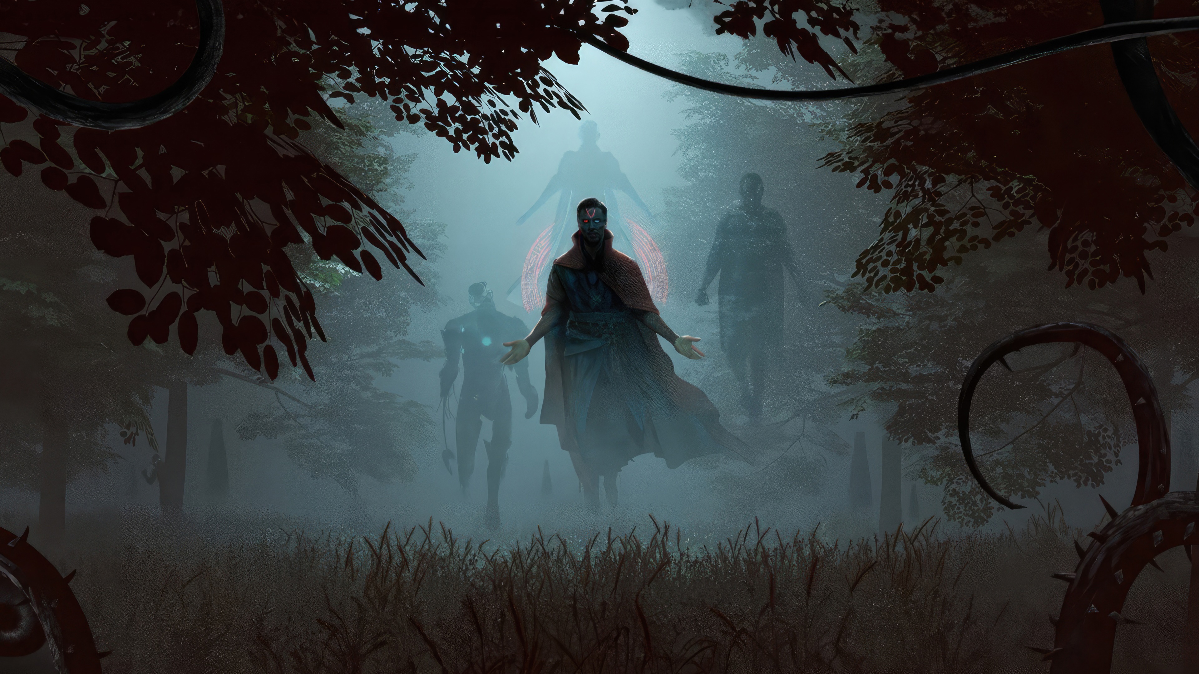 Doctor Strange and allies in a misty forest HD Wallpaper