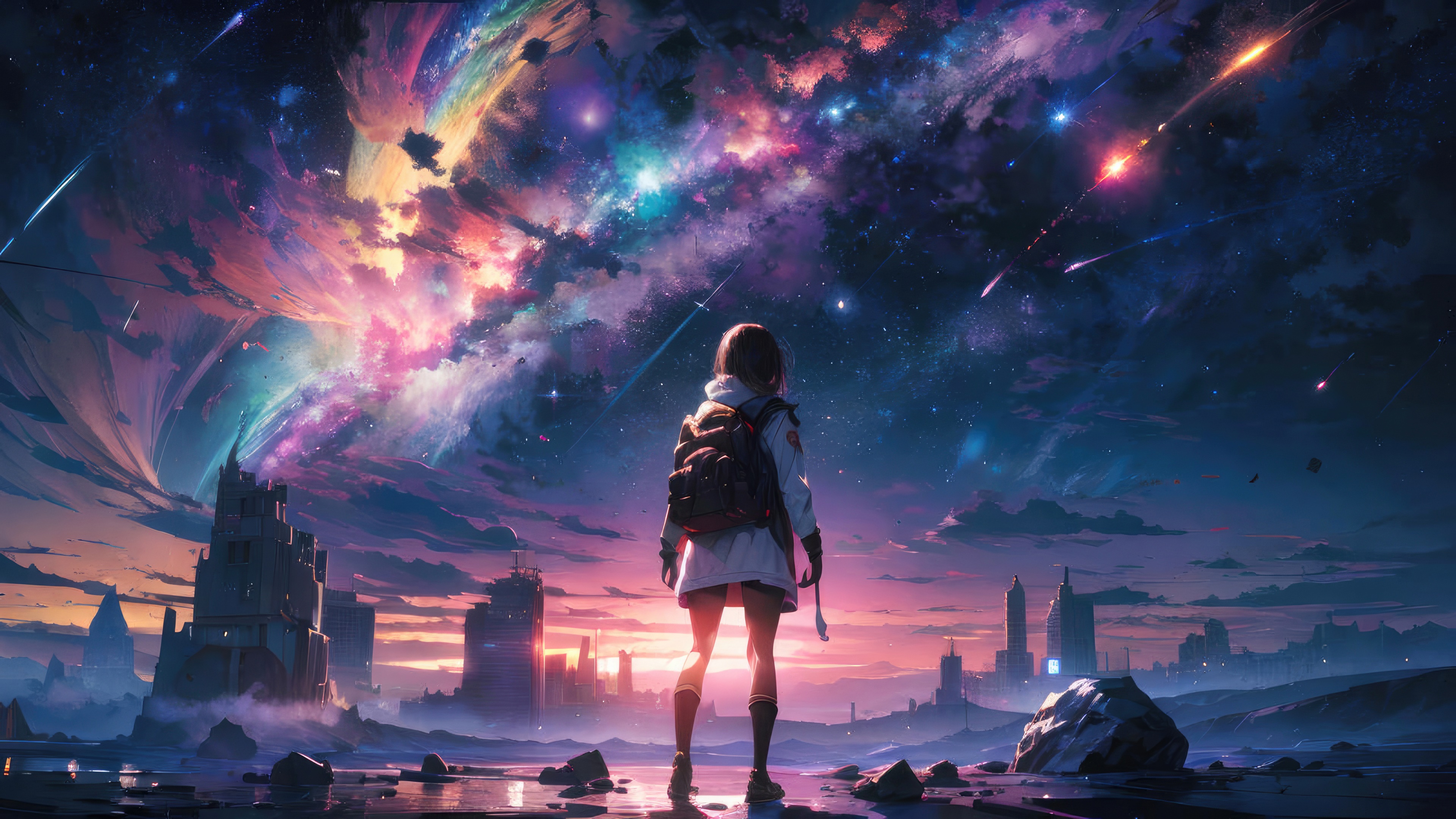 Anime girl looking at a colorful galaxy above a ruined city HD Wallpaper