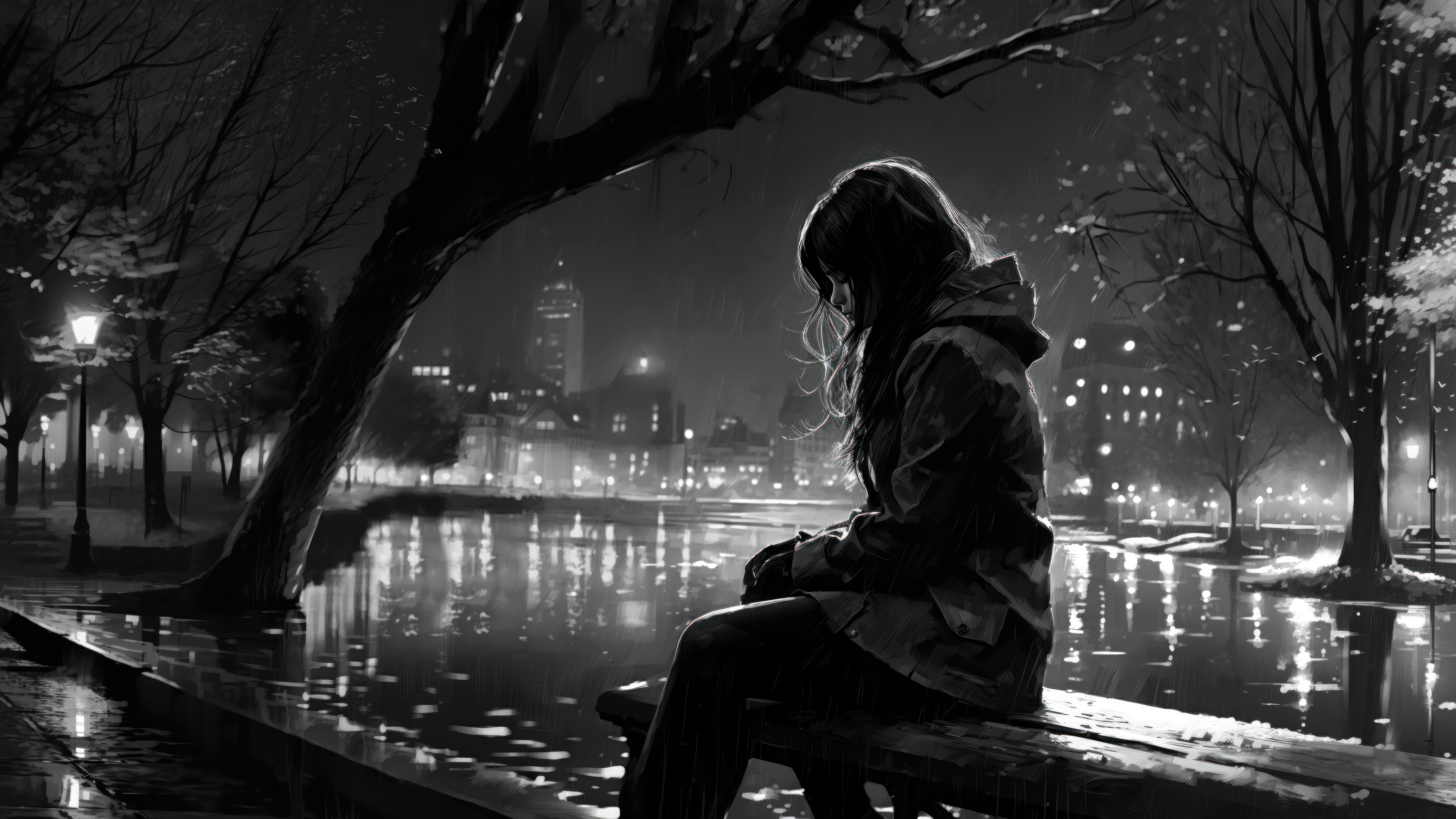 A lone figure sits on a bench by the water at night. HD Wallpaper