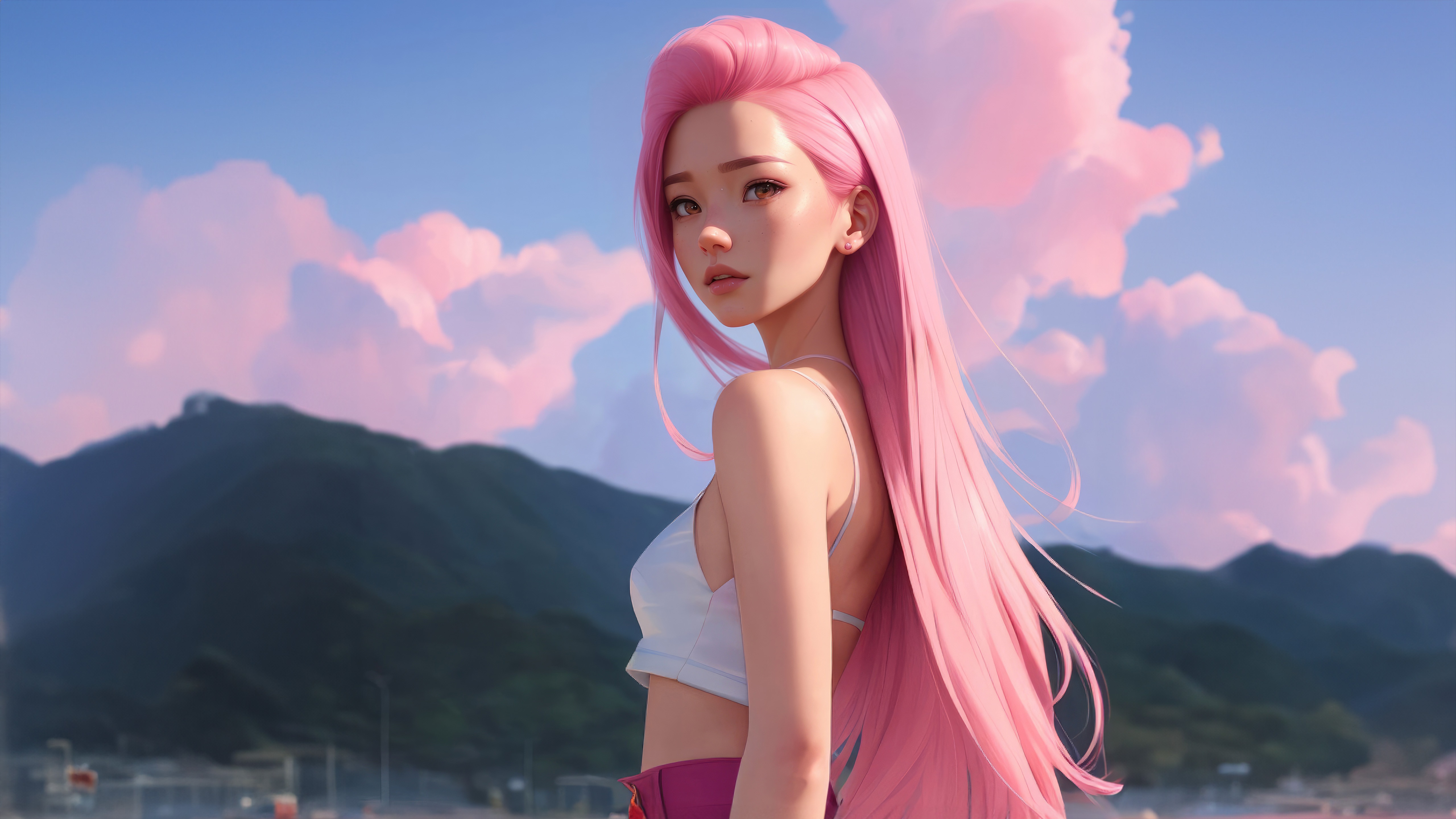 Anime girl with pink hair in front of mountains HD Wallpaper