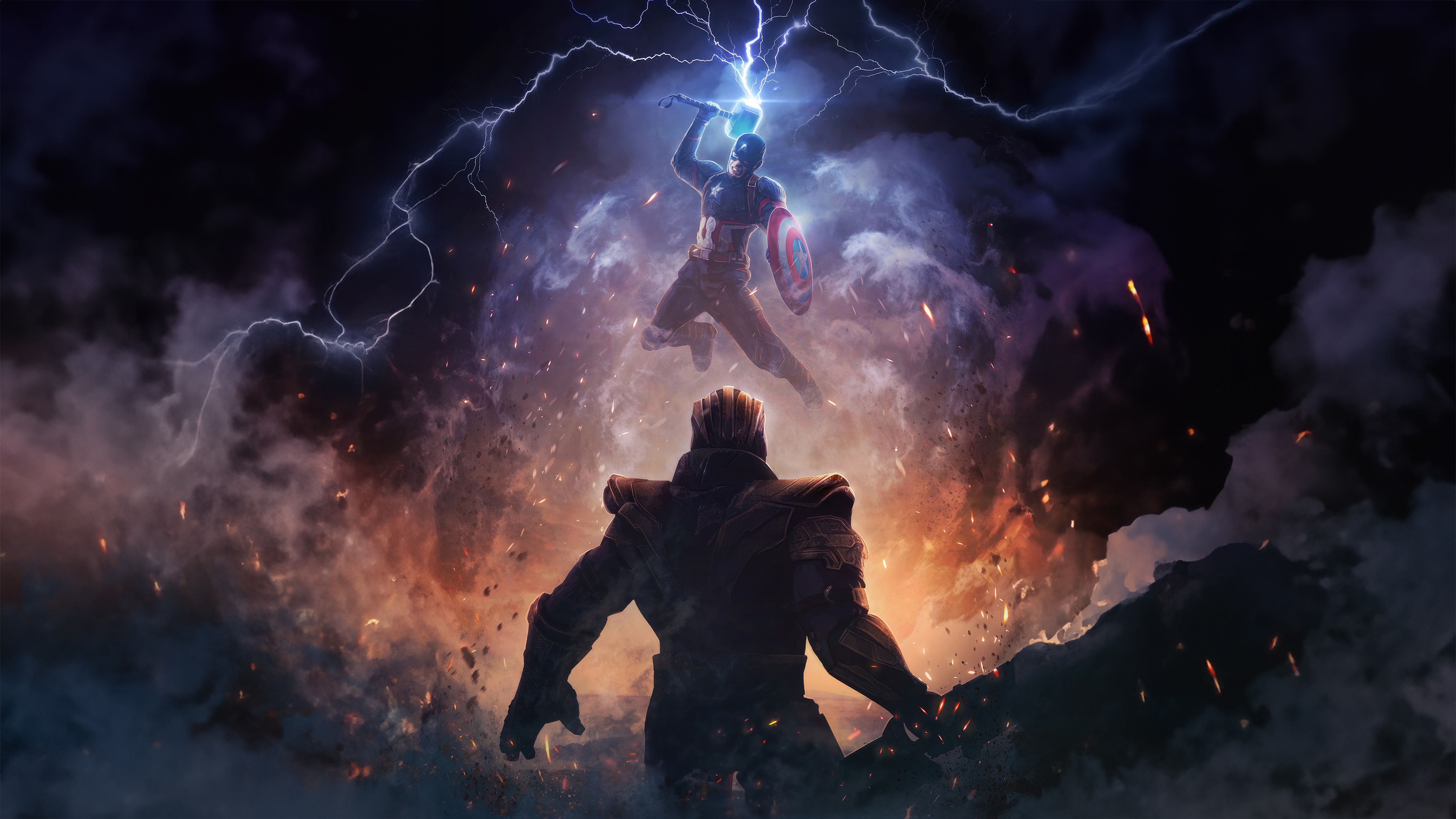Captain America fights Thanos with Mjolnir and lightning HD Wallpaper