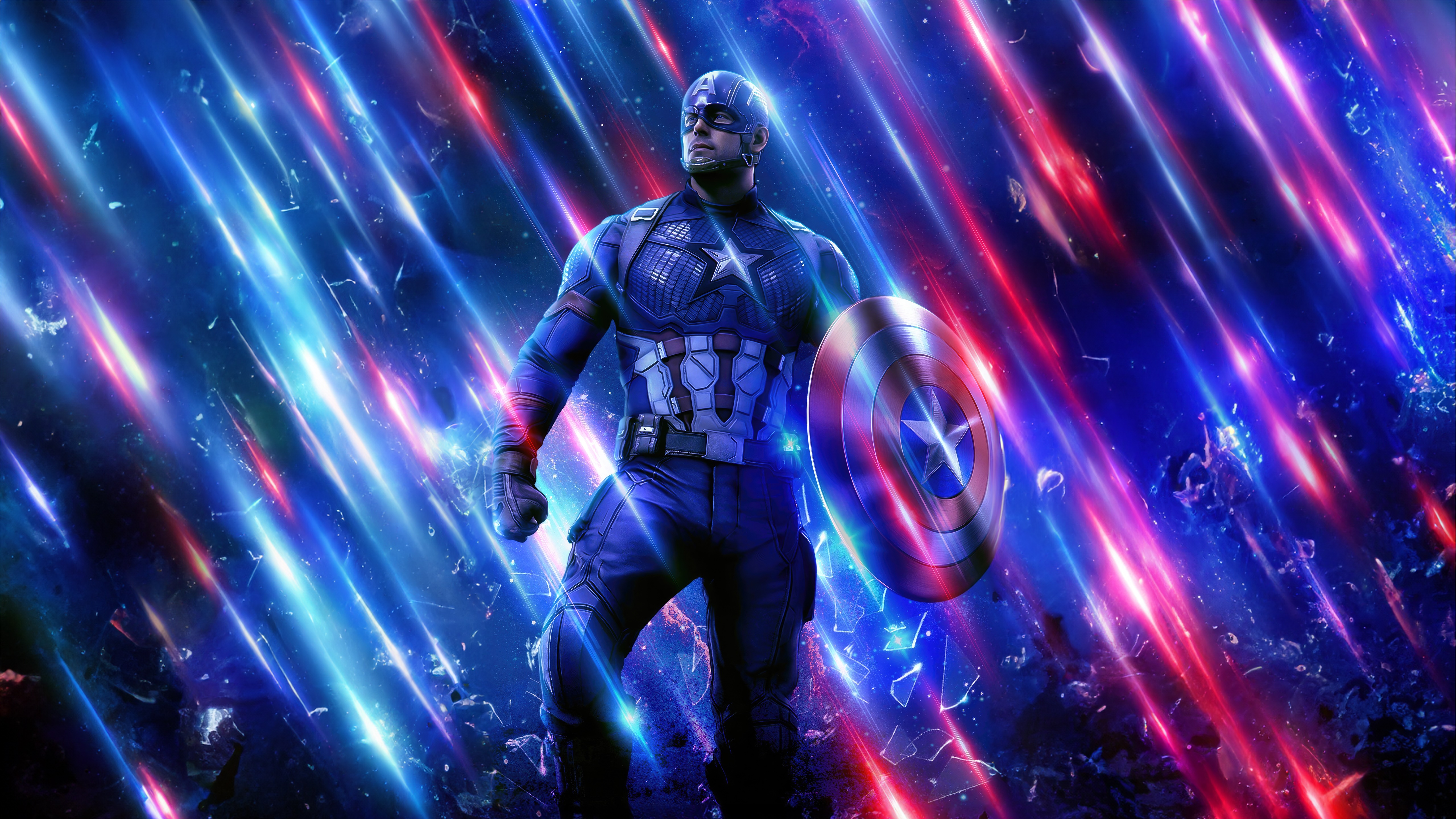 Captain America with Shield in front of Streaking Lights 4K HD Wallpaper
