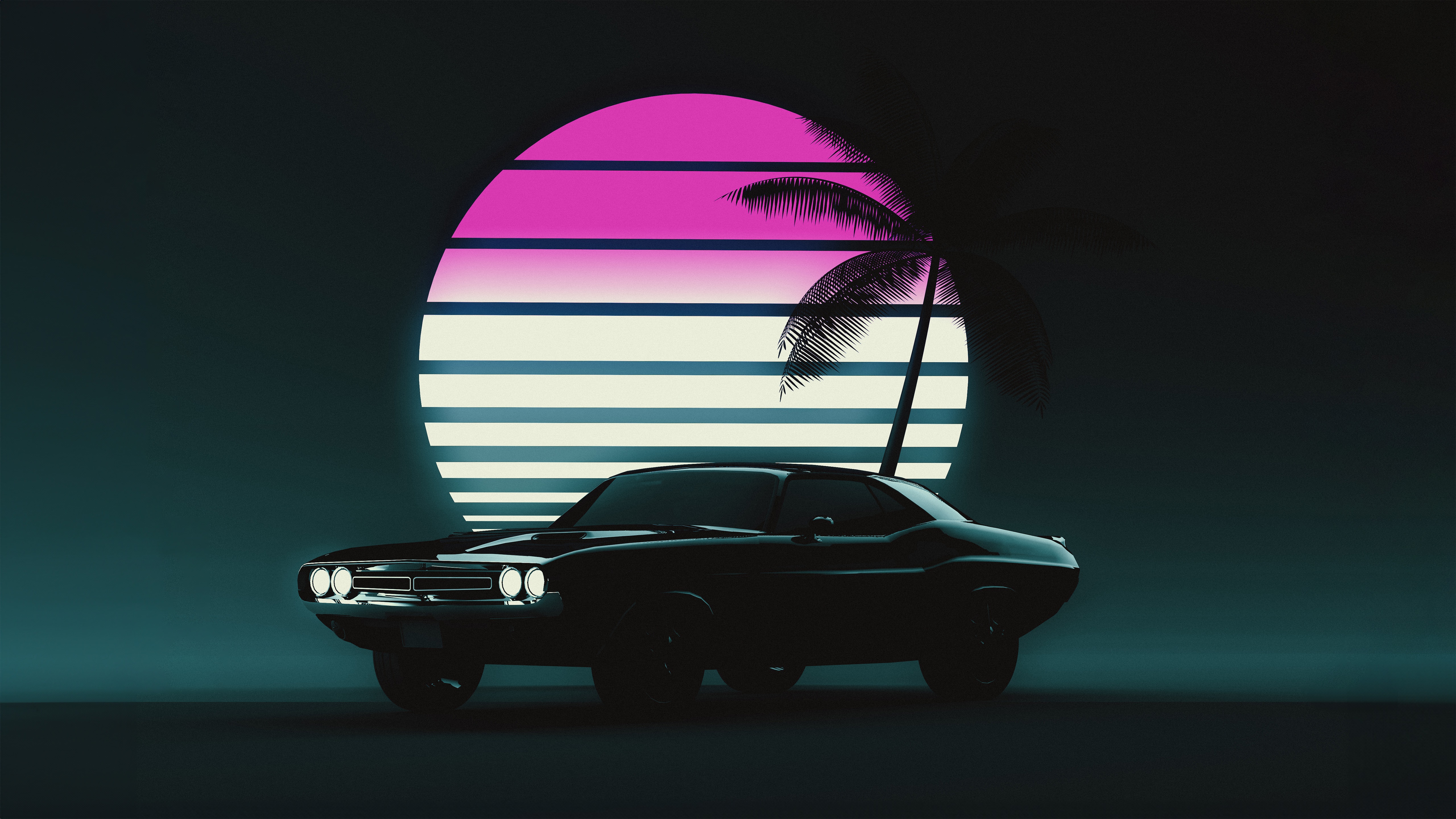 Retro car and palm tree against a striped sunset HD Wallpaper