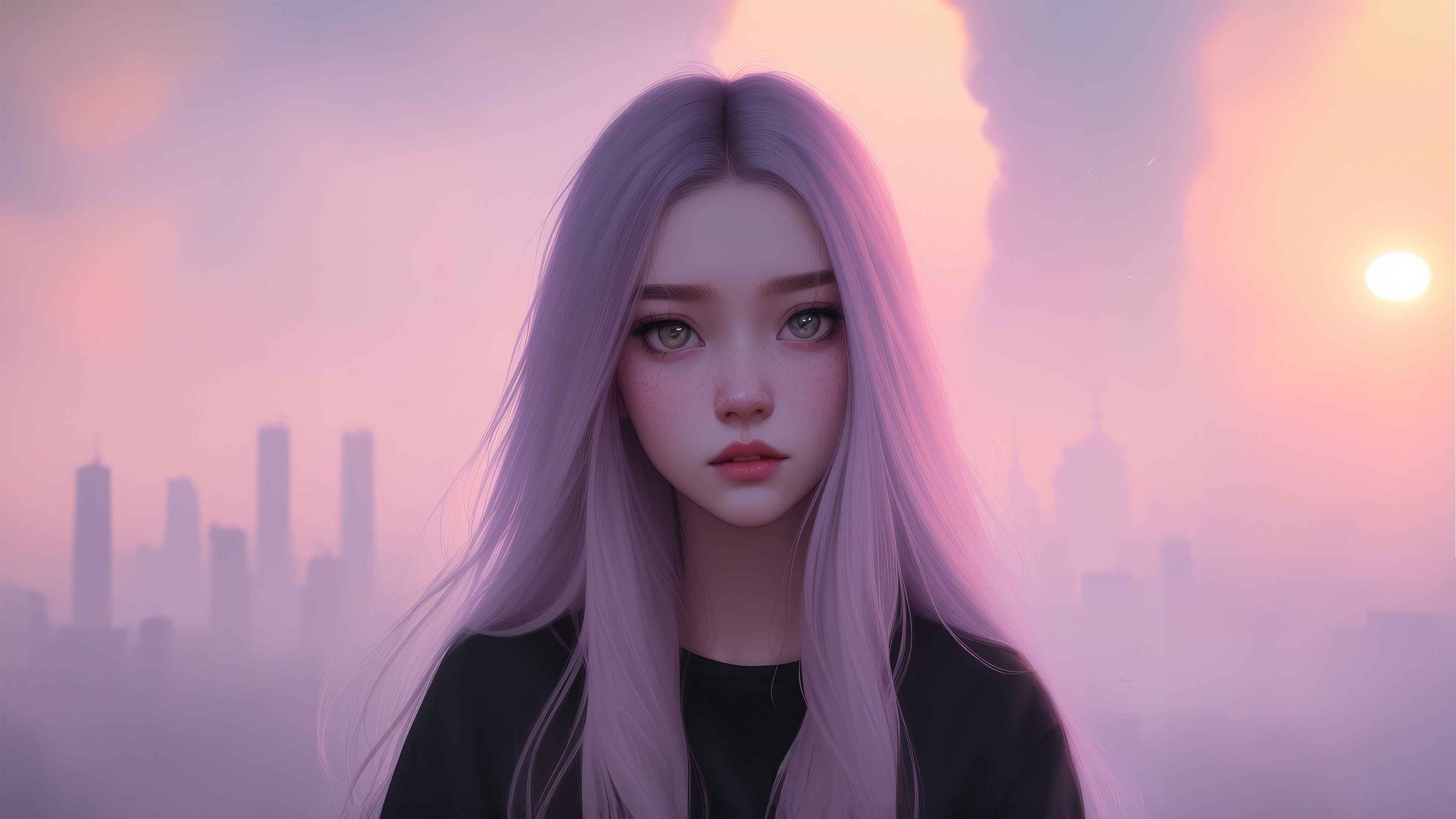 Anime girl with purple hair in front of city skyline HD Wallpaper