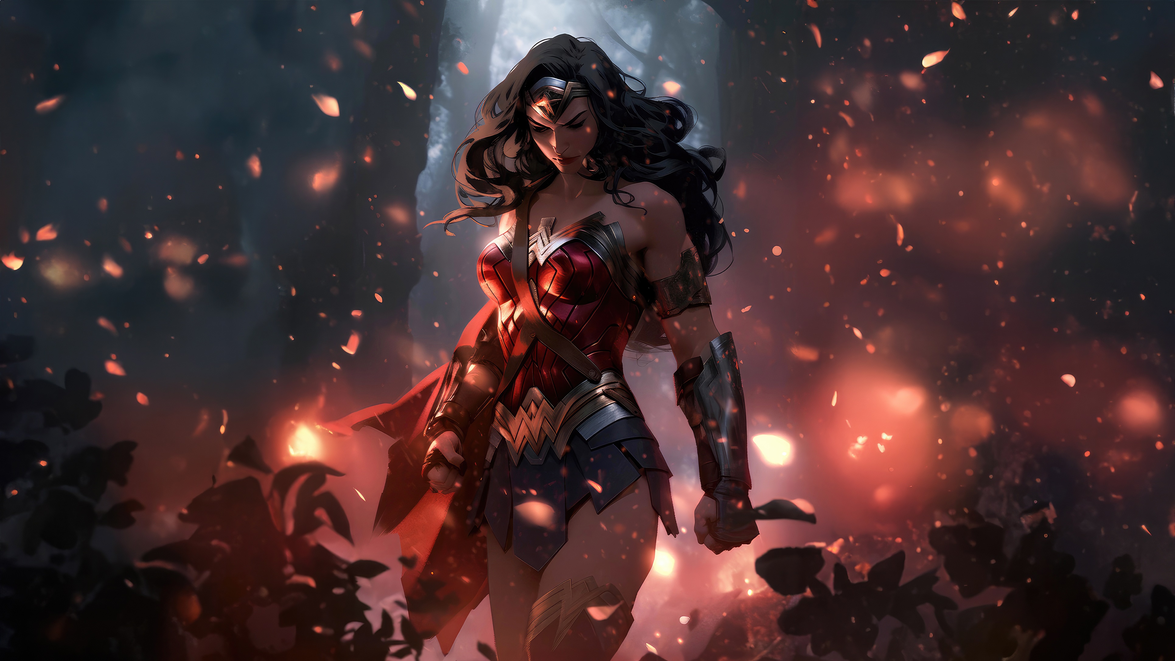 Wonder Woman in a fiery forest HD Wallpaper
