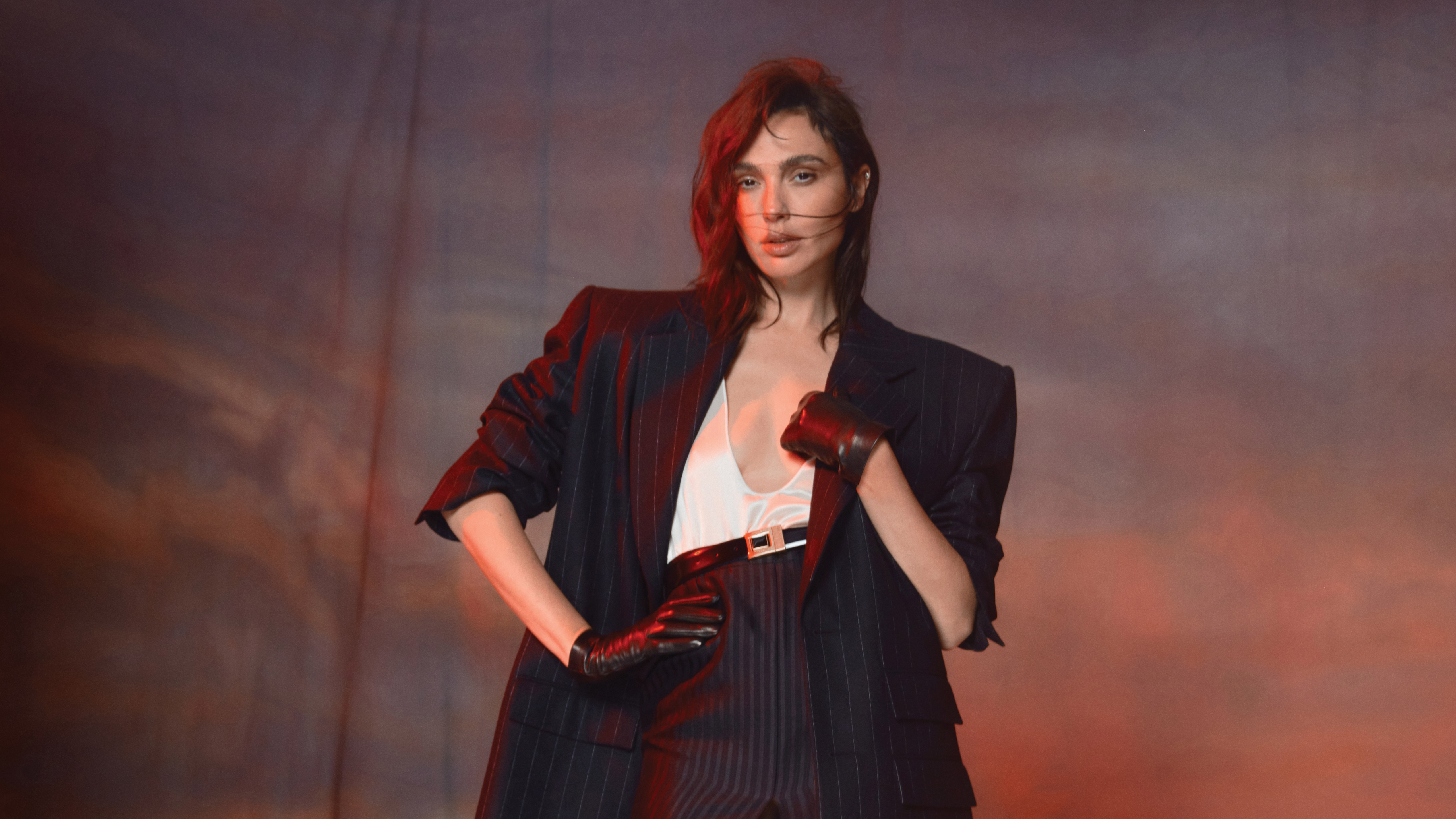 Gal Gadot in a pinstripe suit and gloves HD Wallpaper