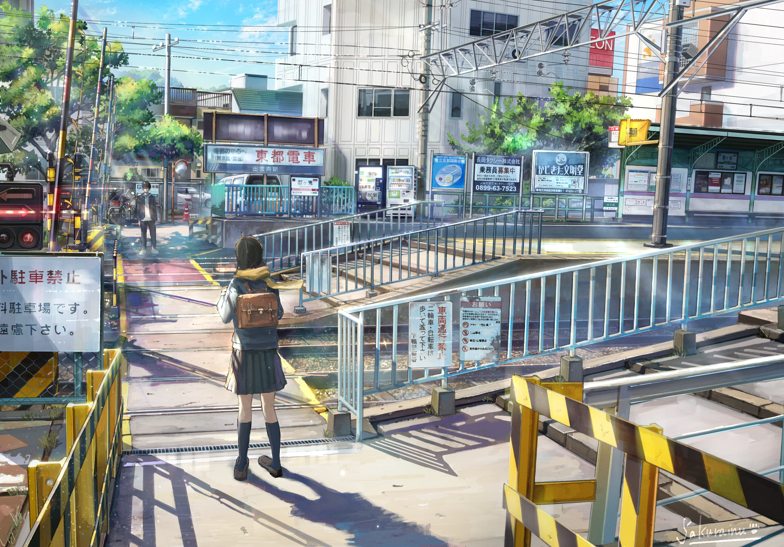 Girl waiting at a train crossing in Japan HD Wallpaper