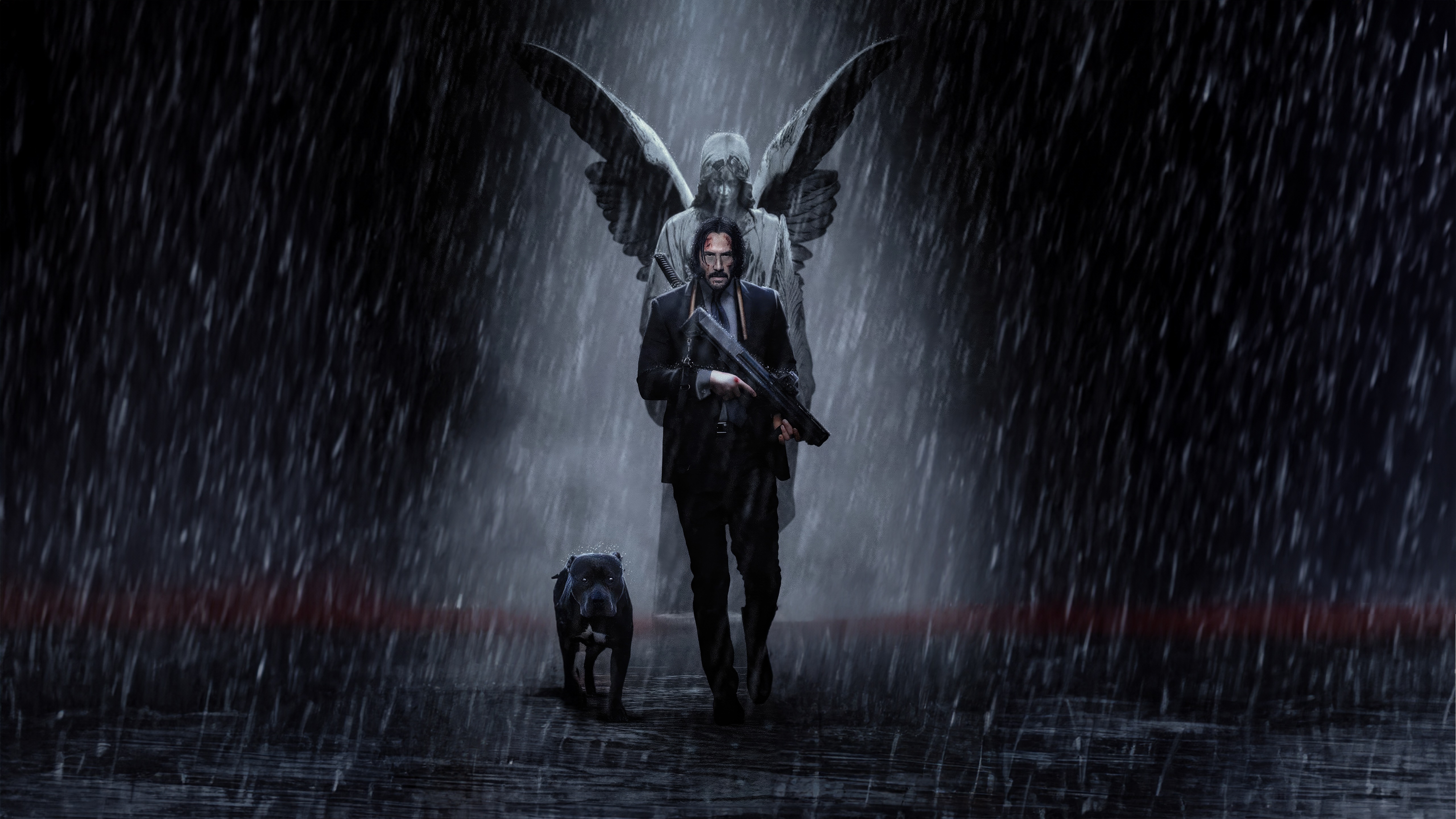 John Wick and dog with angel statue in rain HD Wallpaper