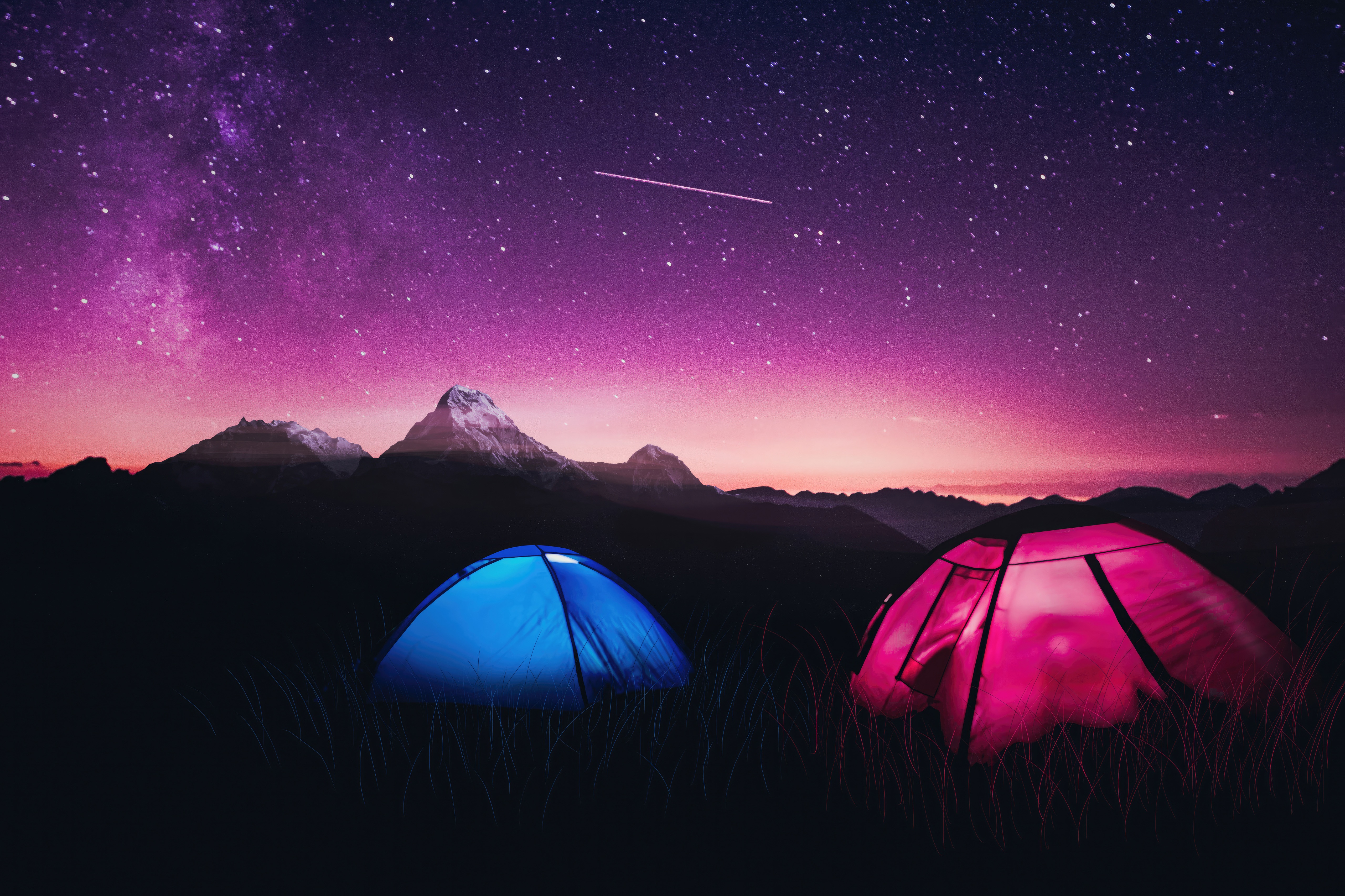 Digital art of tents under a starry night sky HD Wallpaper