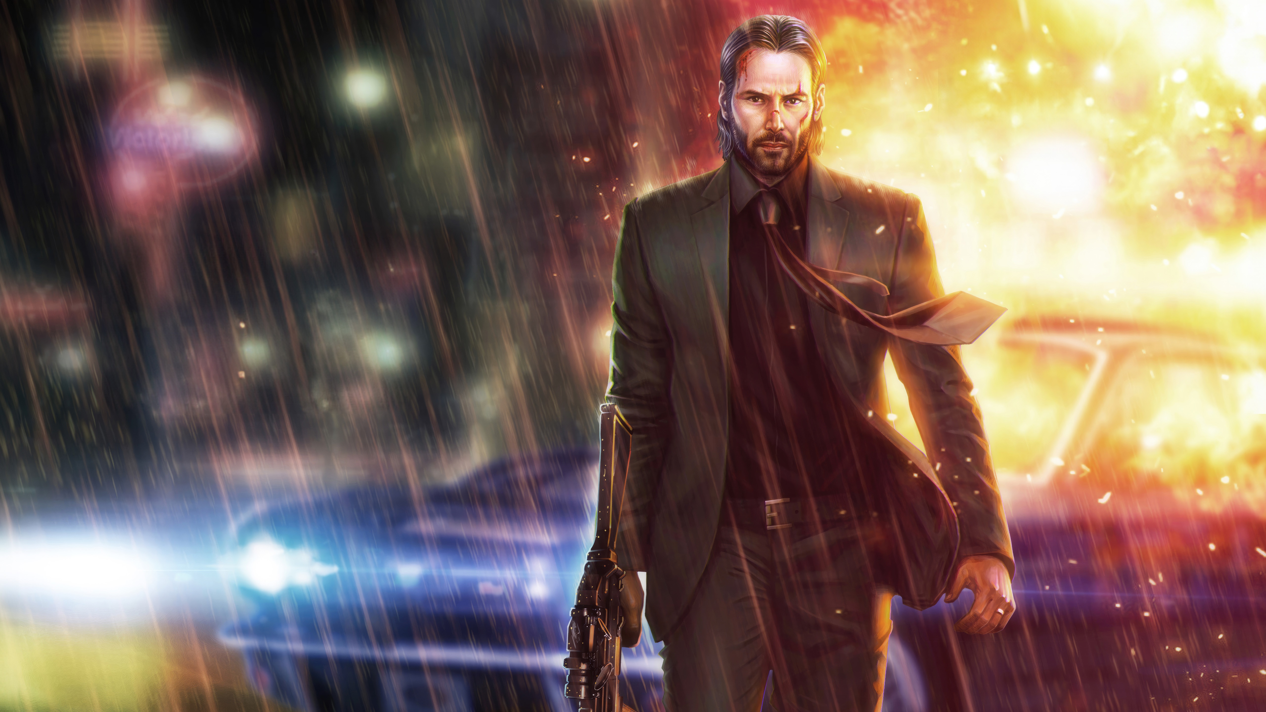 John Wick in the Rain with Explosions HD Wallpaper
