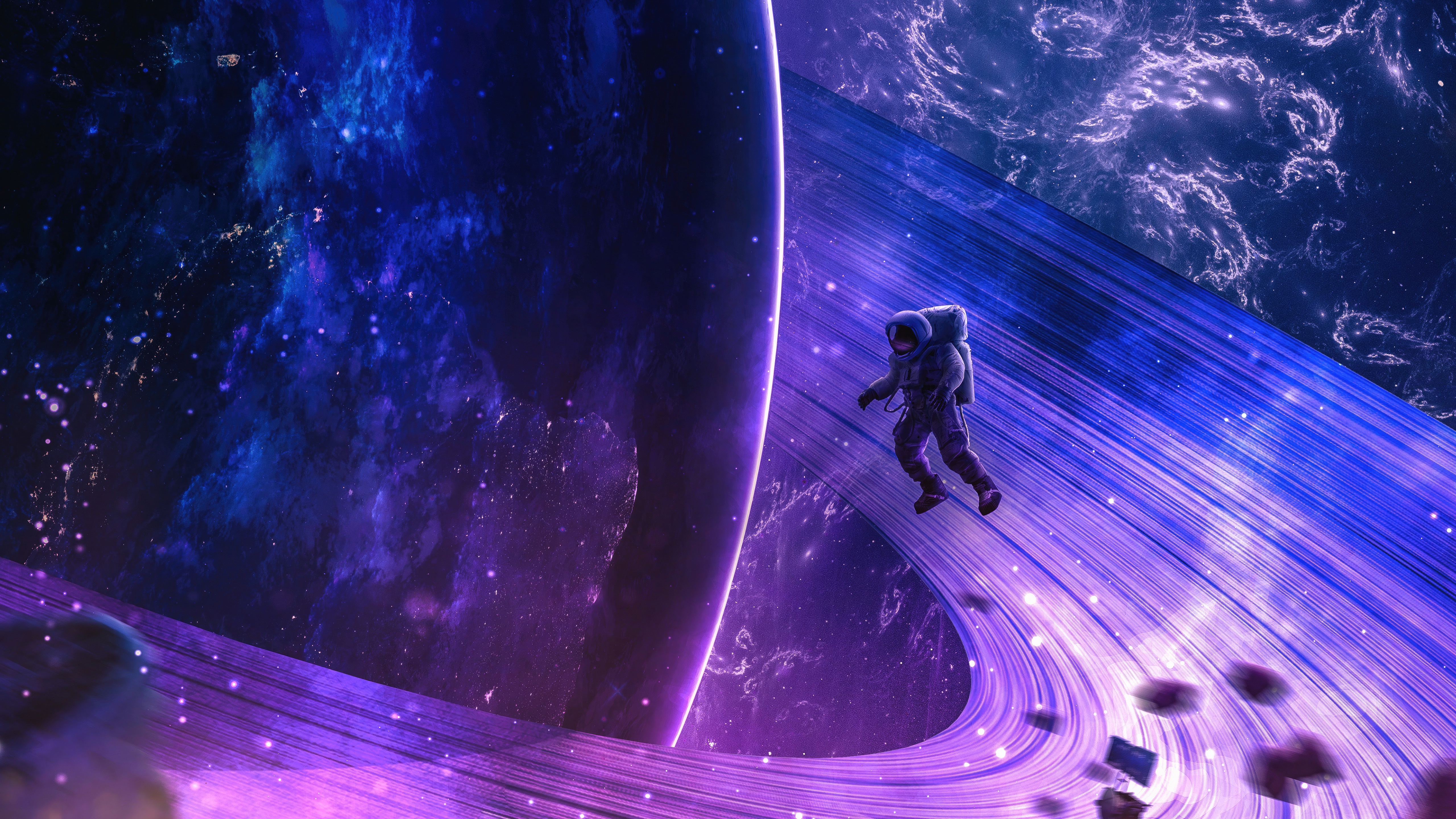 Astronaut floating near a ringed planet in space HD Wallpaper
