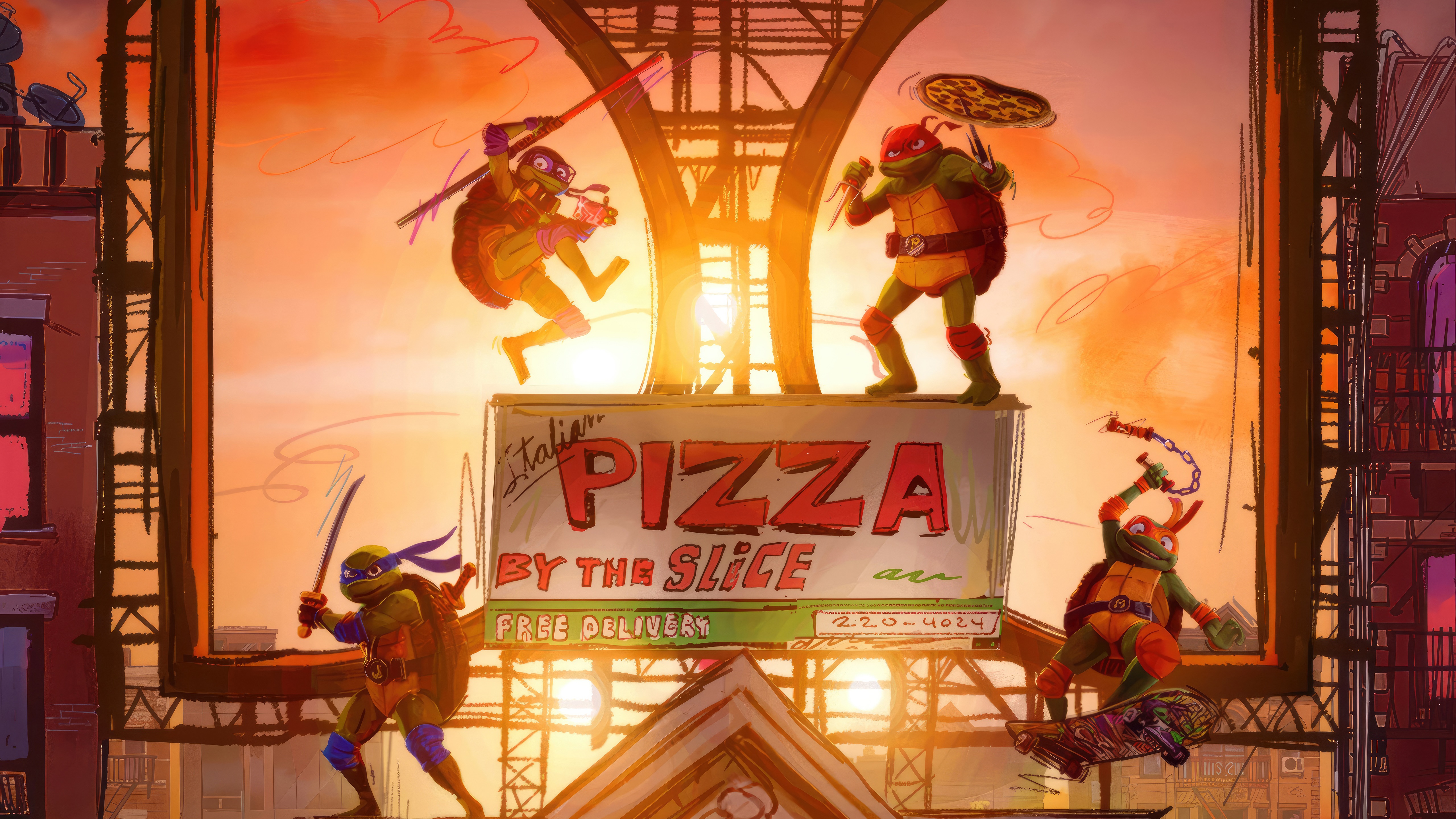 Teenage Mutant Ninja Turtles on a Pizza Sign HD Wallpaper