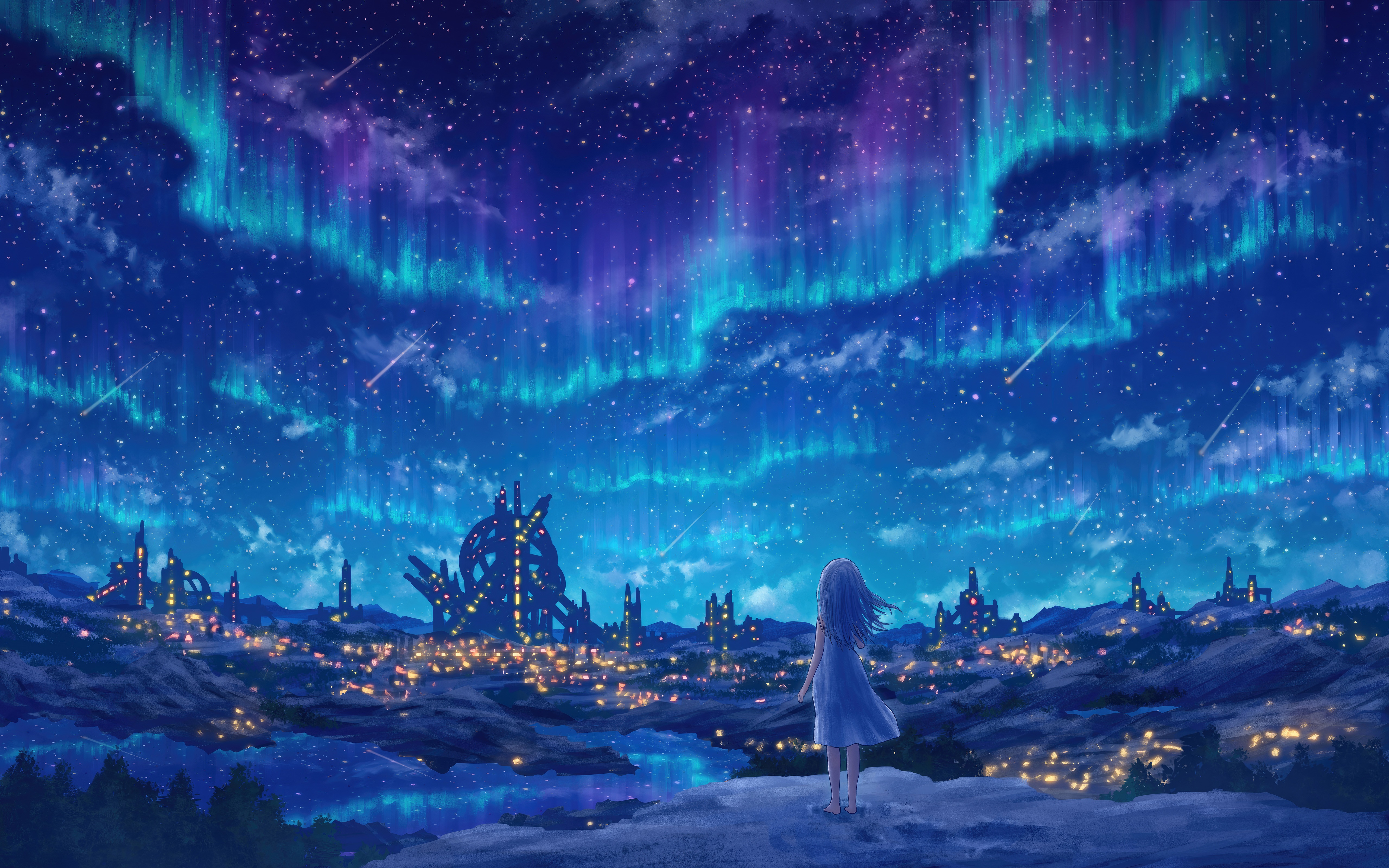 Anime girl watching aurora over futuristic city HD Wallpaper