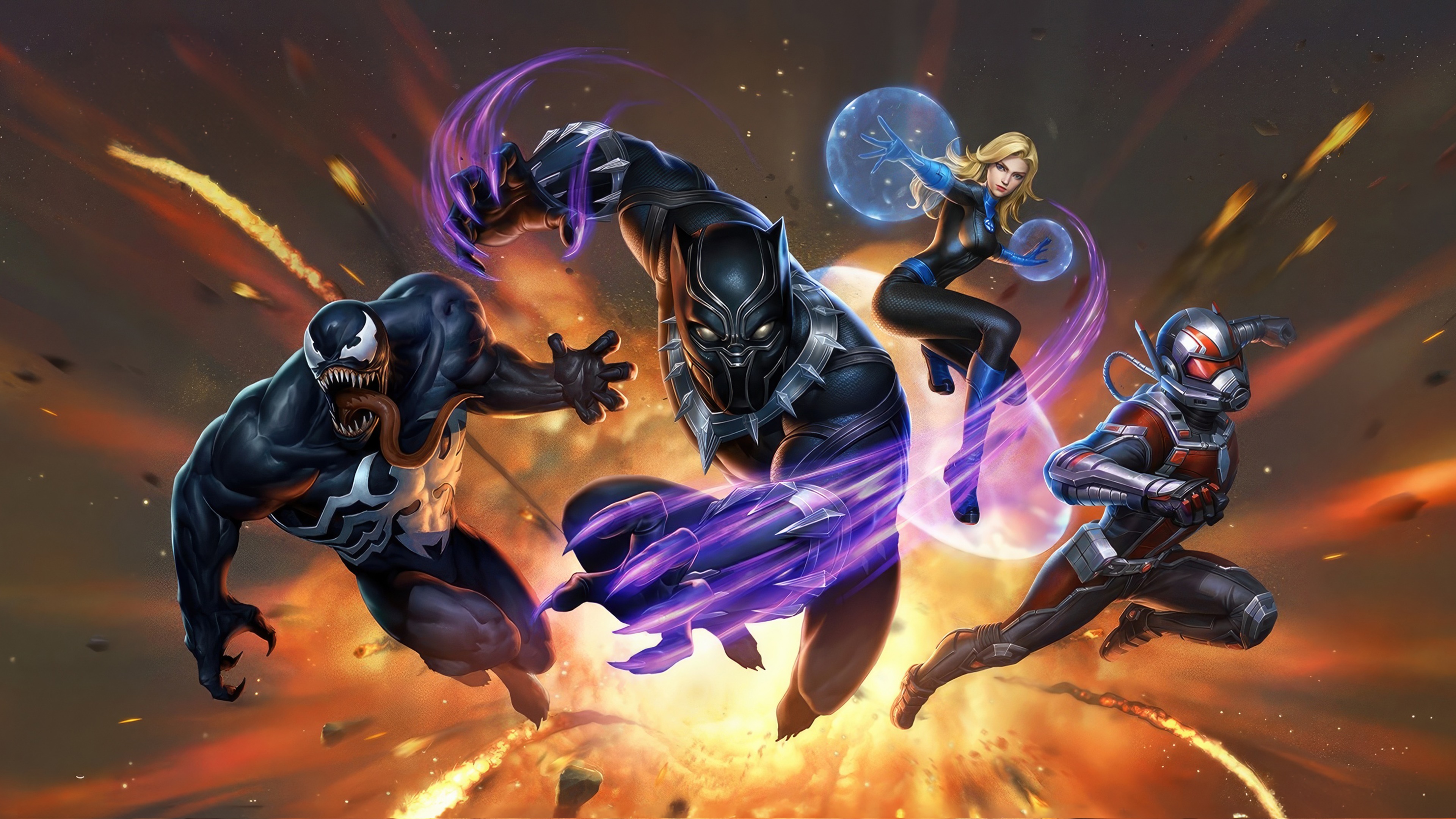Venom, Black Panther, Invisible Woman, and Ant-Man in action HD Wallpaper