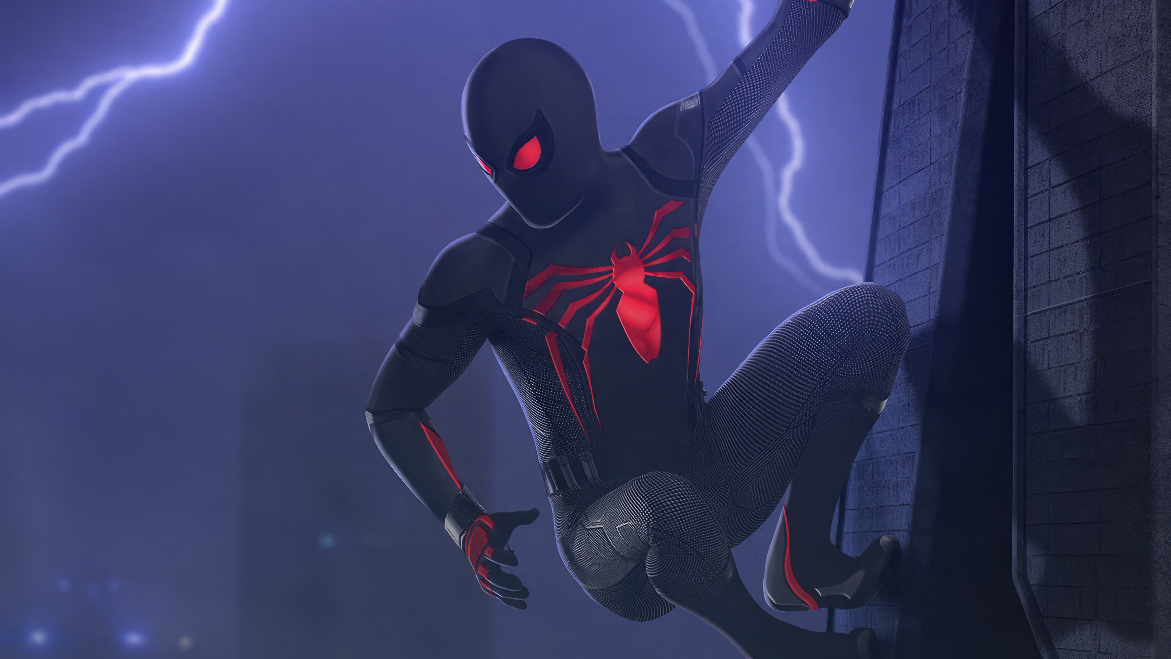 Spider-Man in a black and red suit during a lightning storm HD Wallpaper