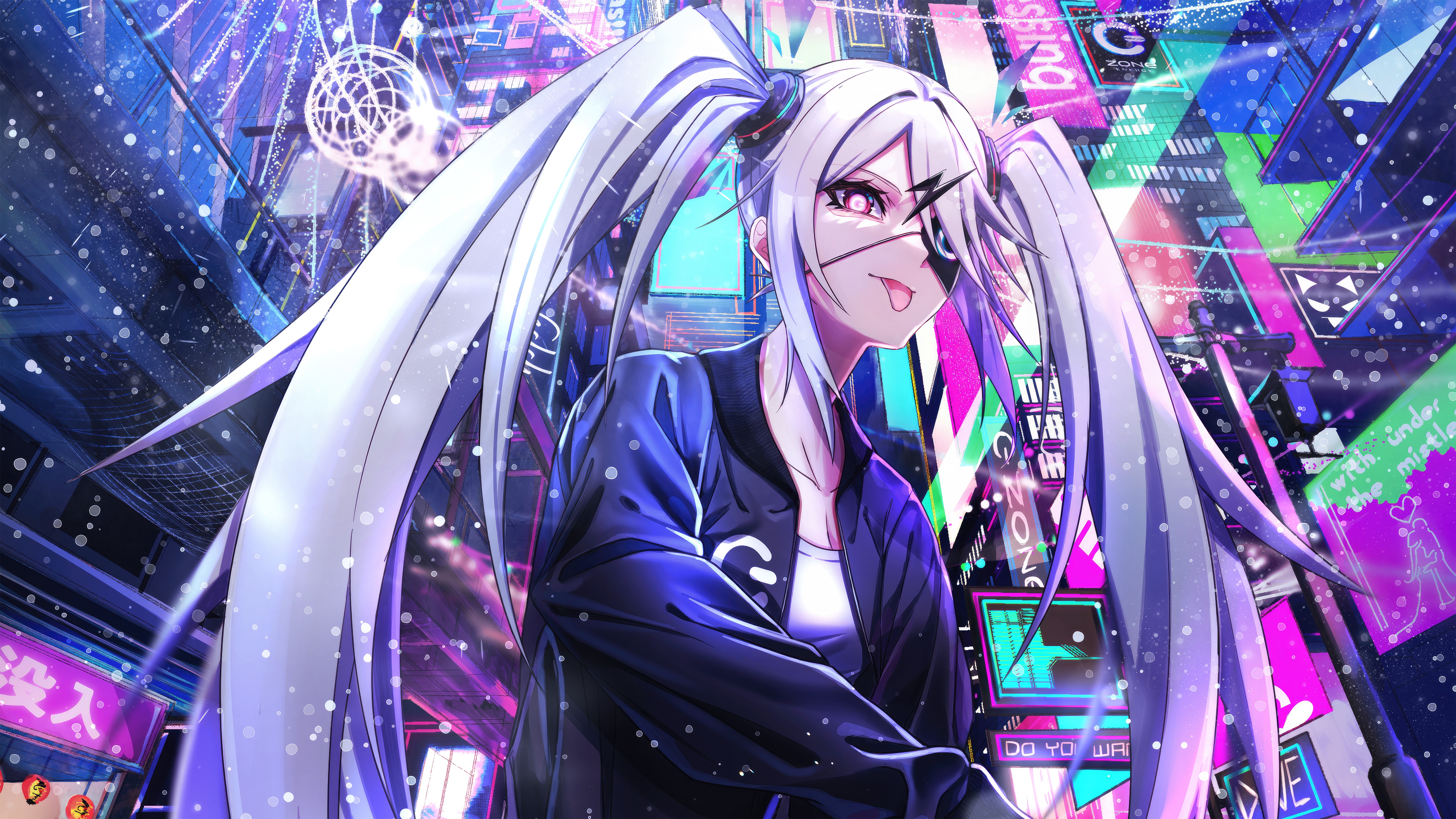 Anime girl with white pigtails in a neon city HD Wallpaper