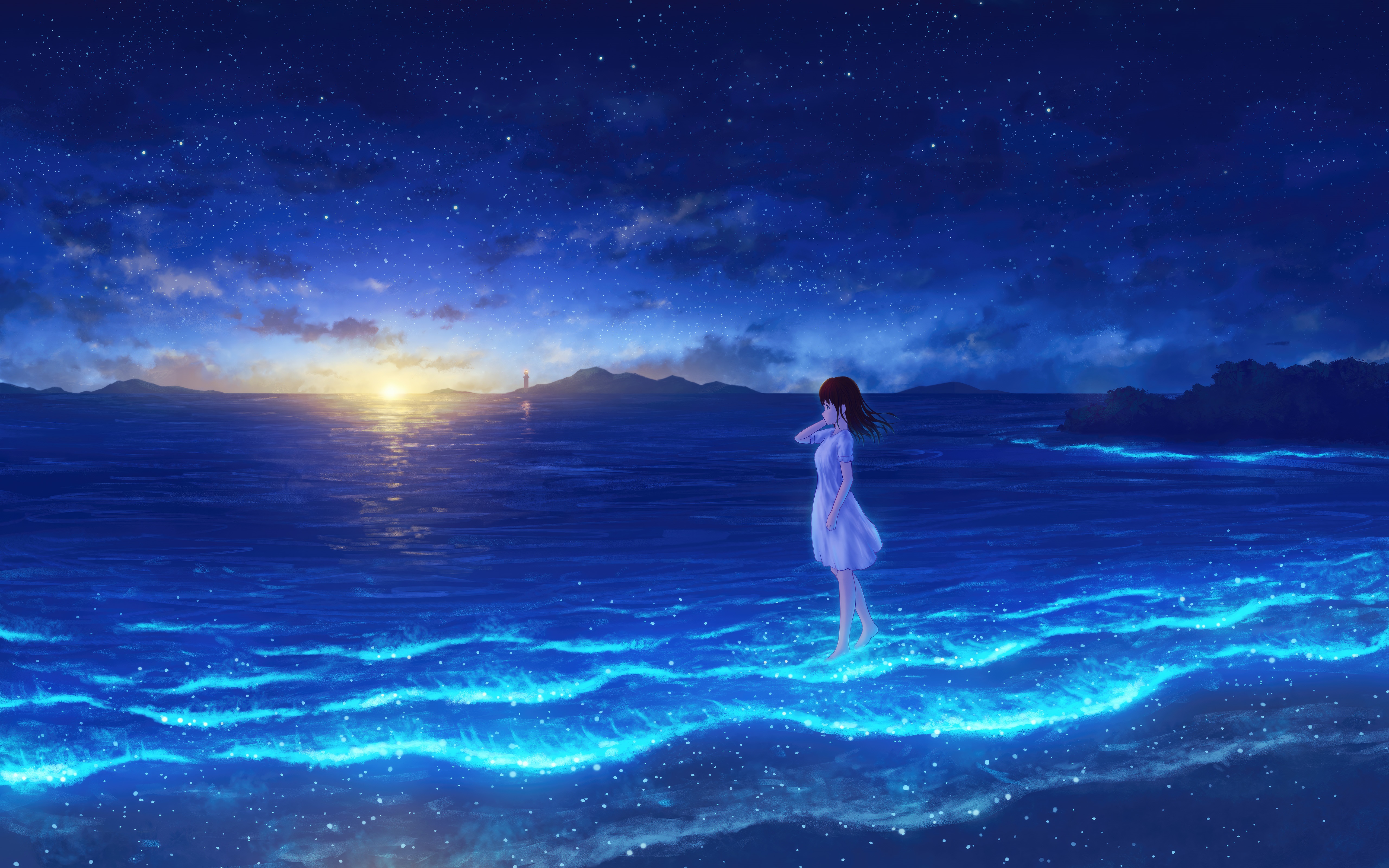 Anime girl standing on a glowing beach at night HD Wallpaper