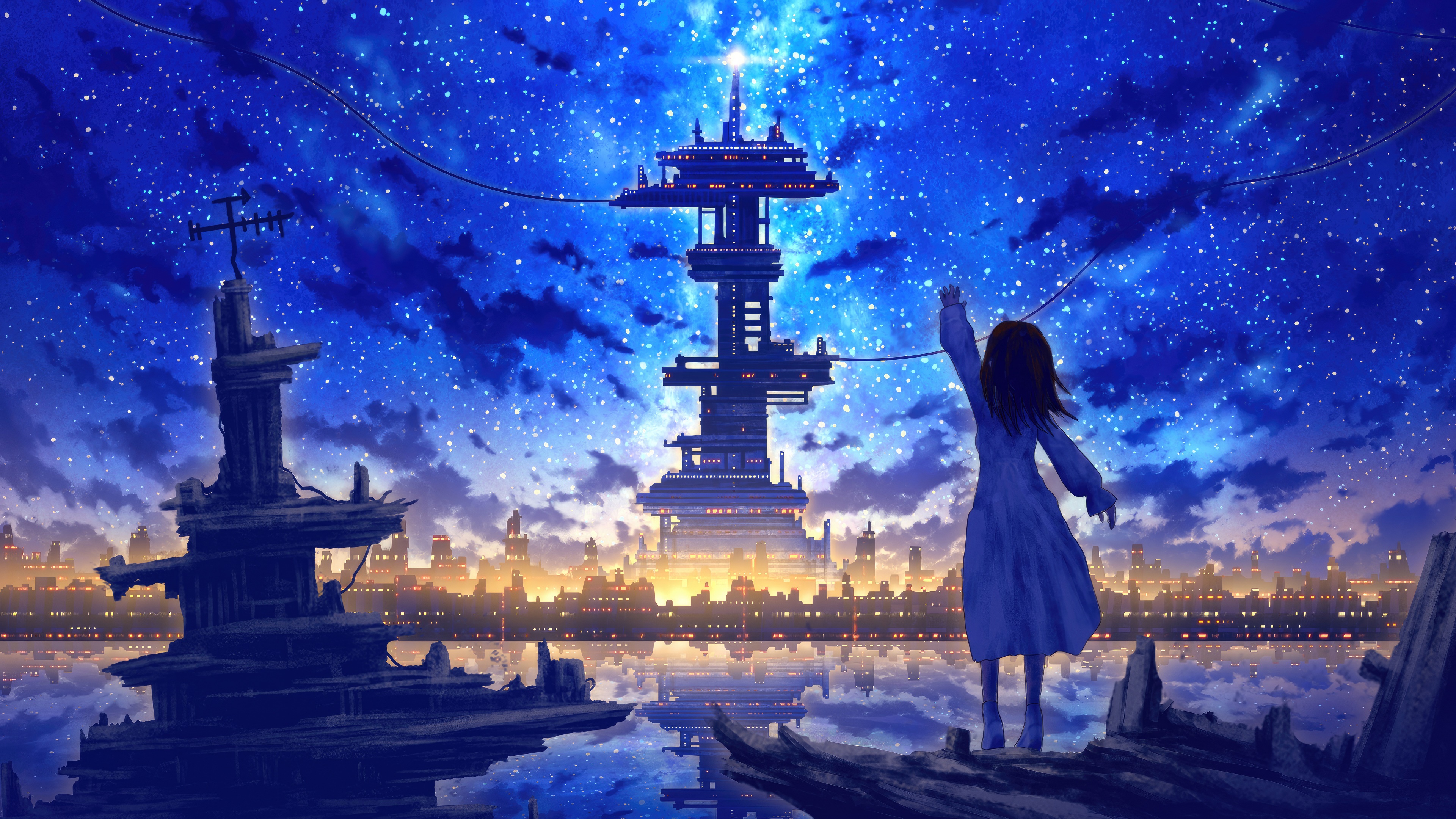 Anime girl reaching towards a futuristic tower under a starry sky HD Wallpaper