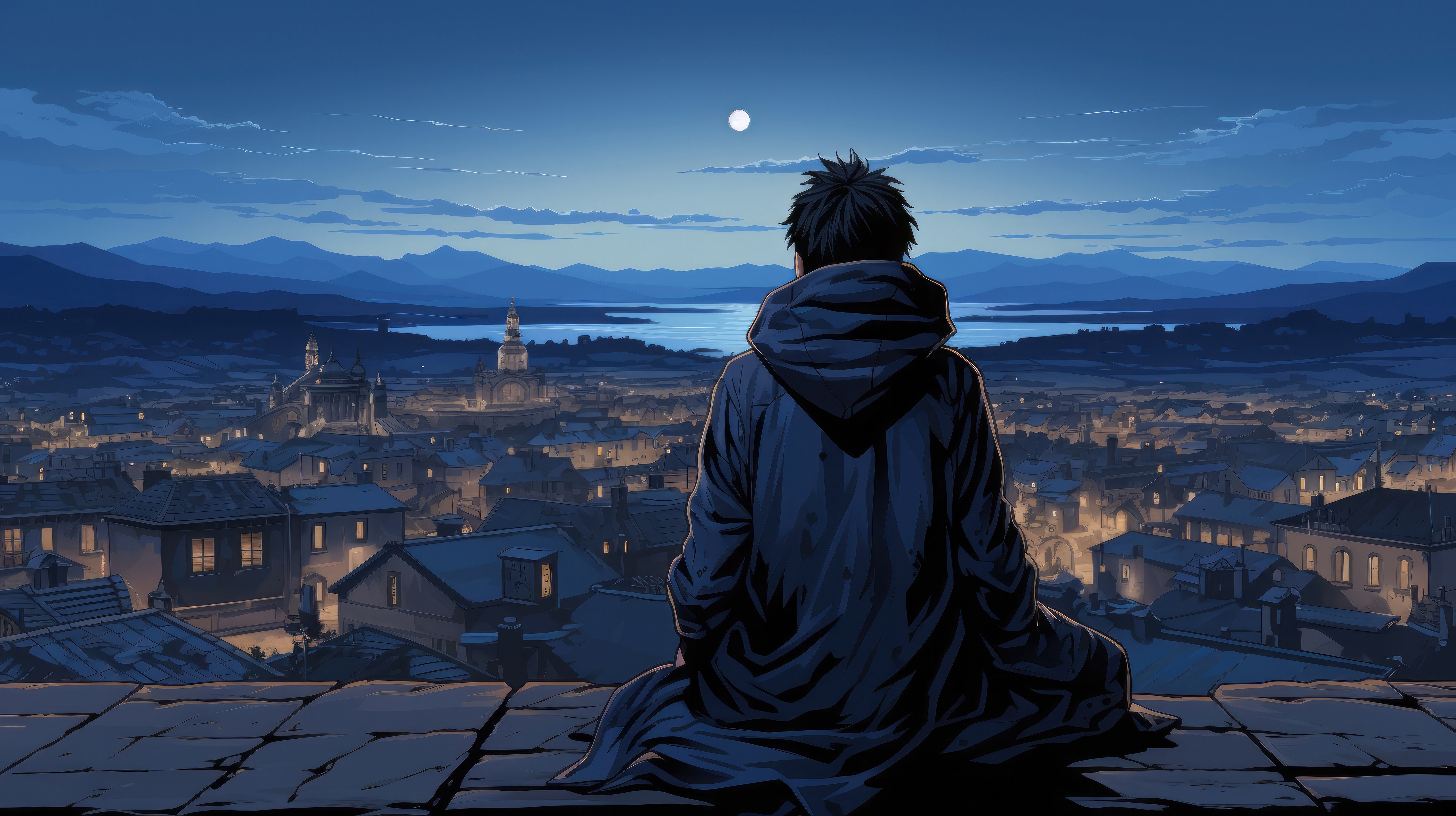 Man in hoodie overlooking city at night HD Wallpaper