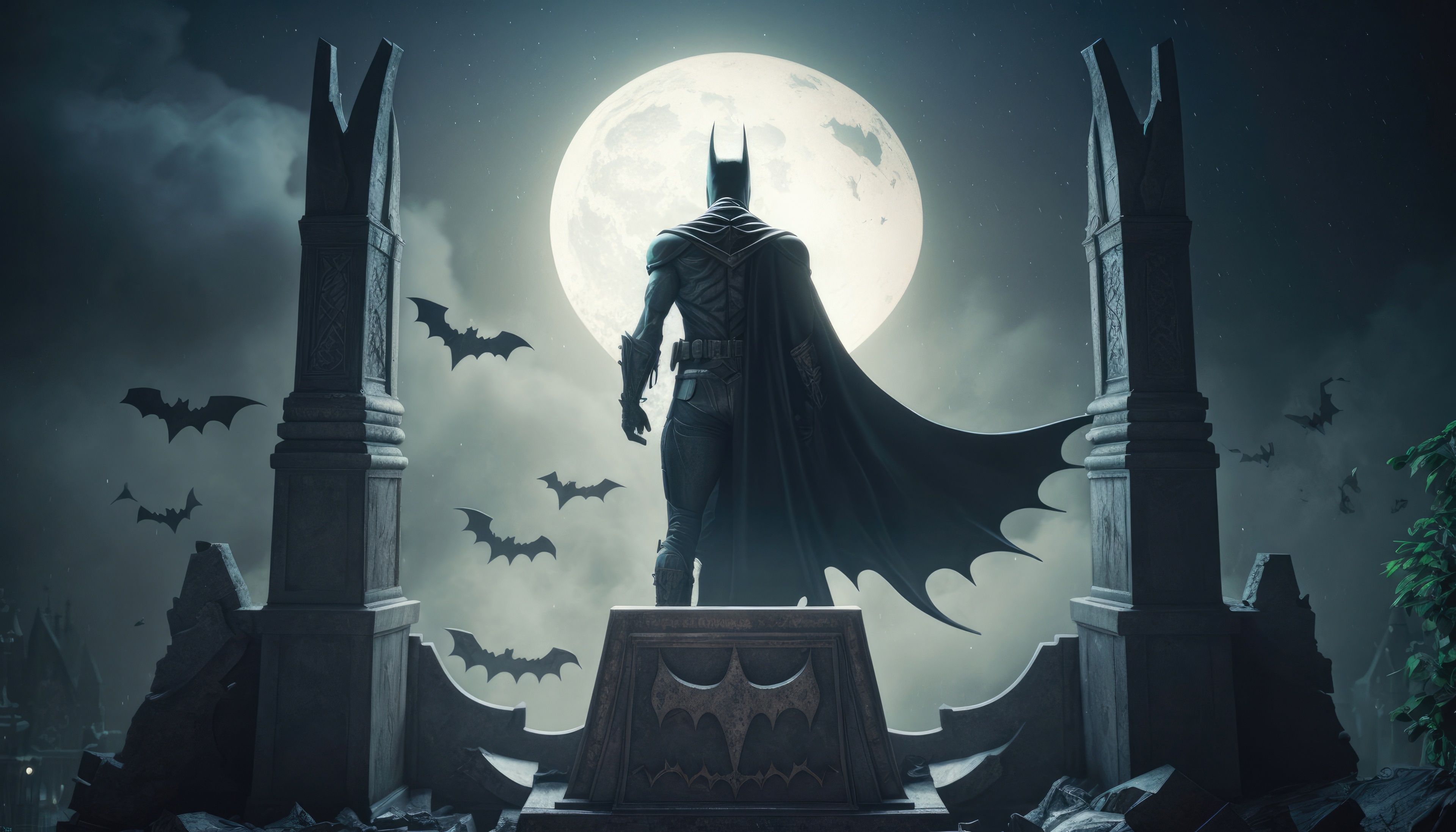 Batman standing in front of a full moon with bats flying HD Wallpaper