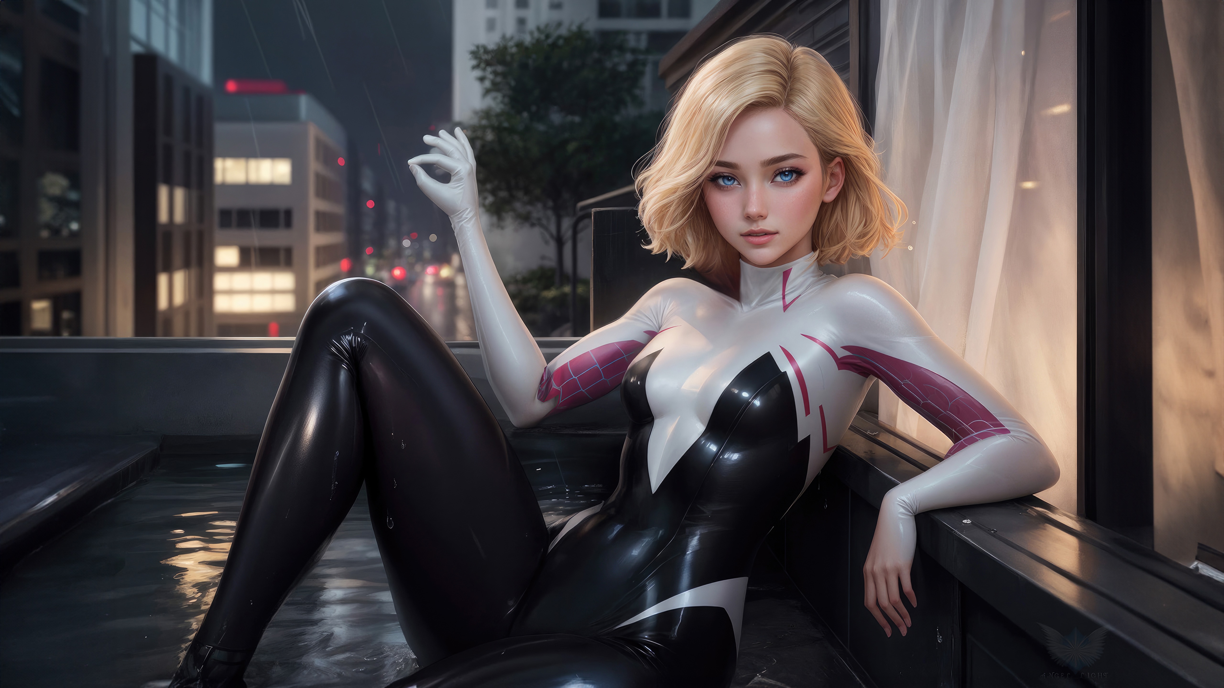 Gwen Stacy in Spider-Man suit on a rooftop HD Wallpaper
