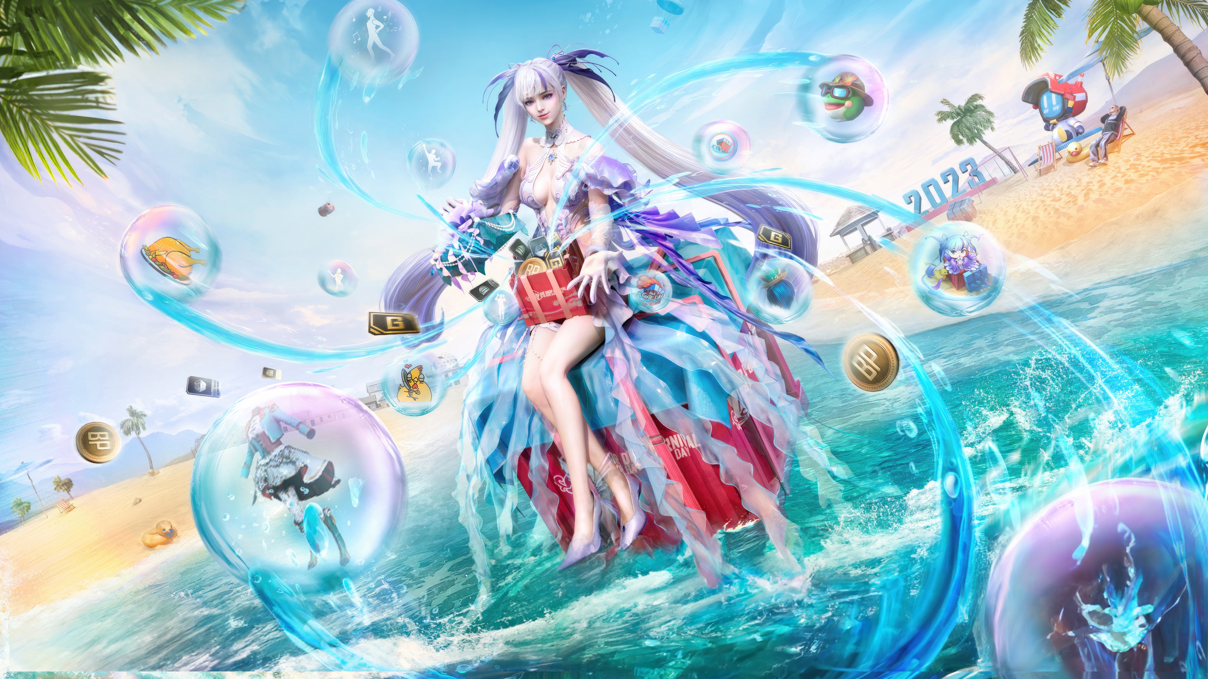 PUBG character with bubbles and beach background HD Wallpaper