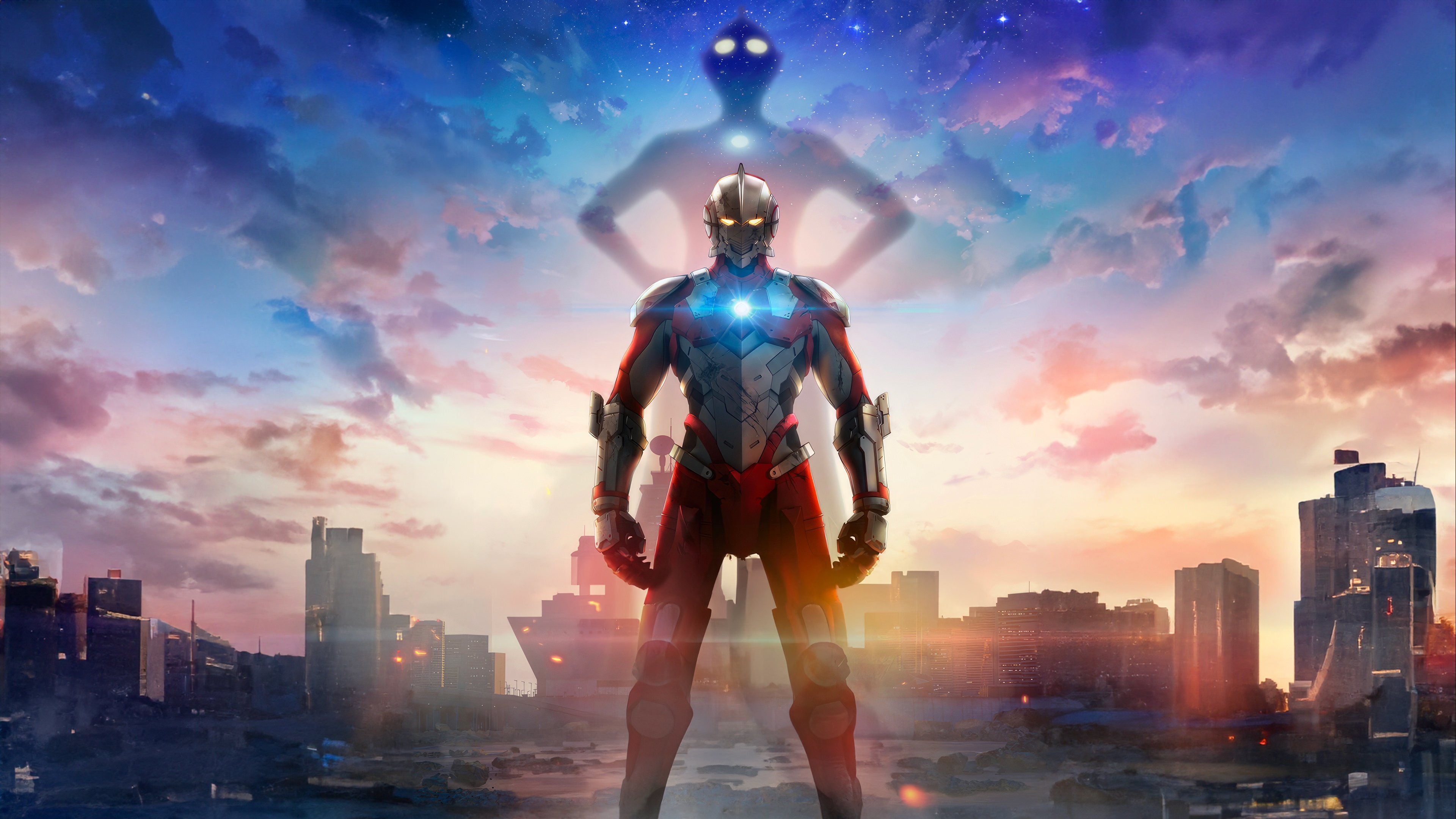 Ultraman standing in a city at sunset with a shadow figure behind HD Wallpaper