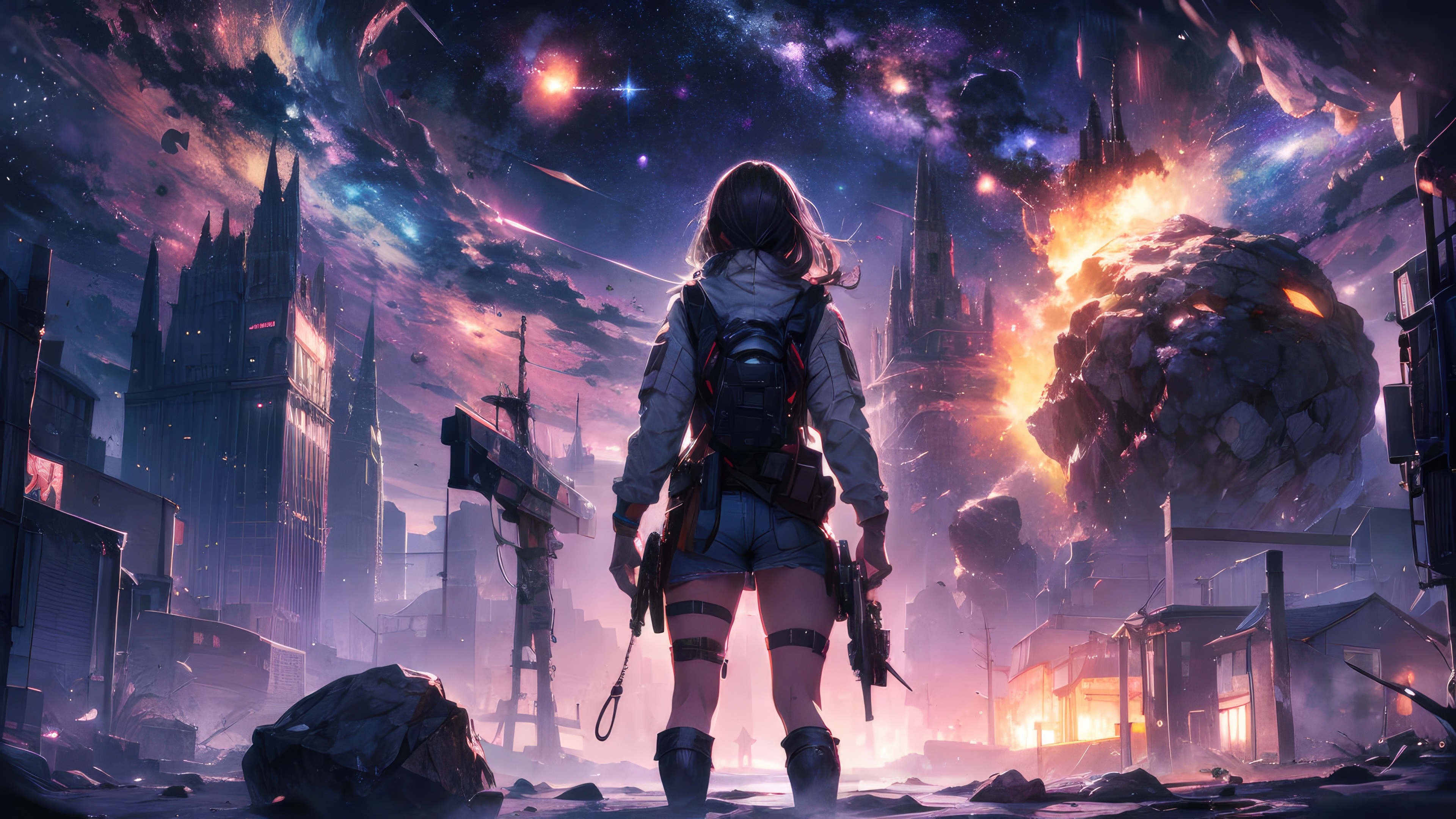 Anime girl with guns in apocalyptic sci-fi city HD Wallpaper