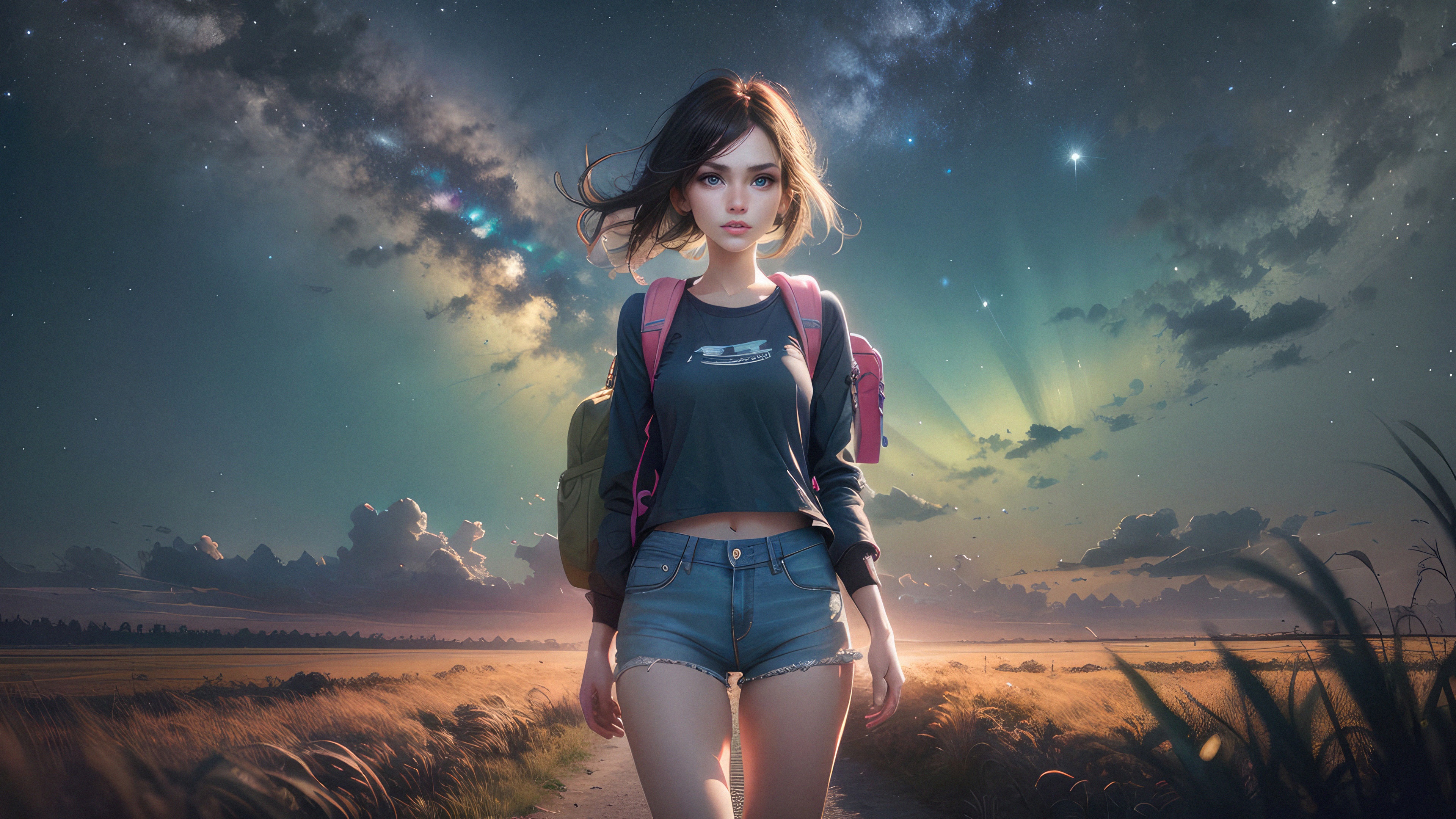 Anime girl with backpack walking in a field at night HD Wallpaper