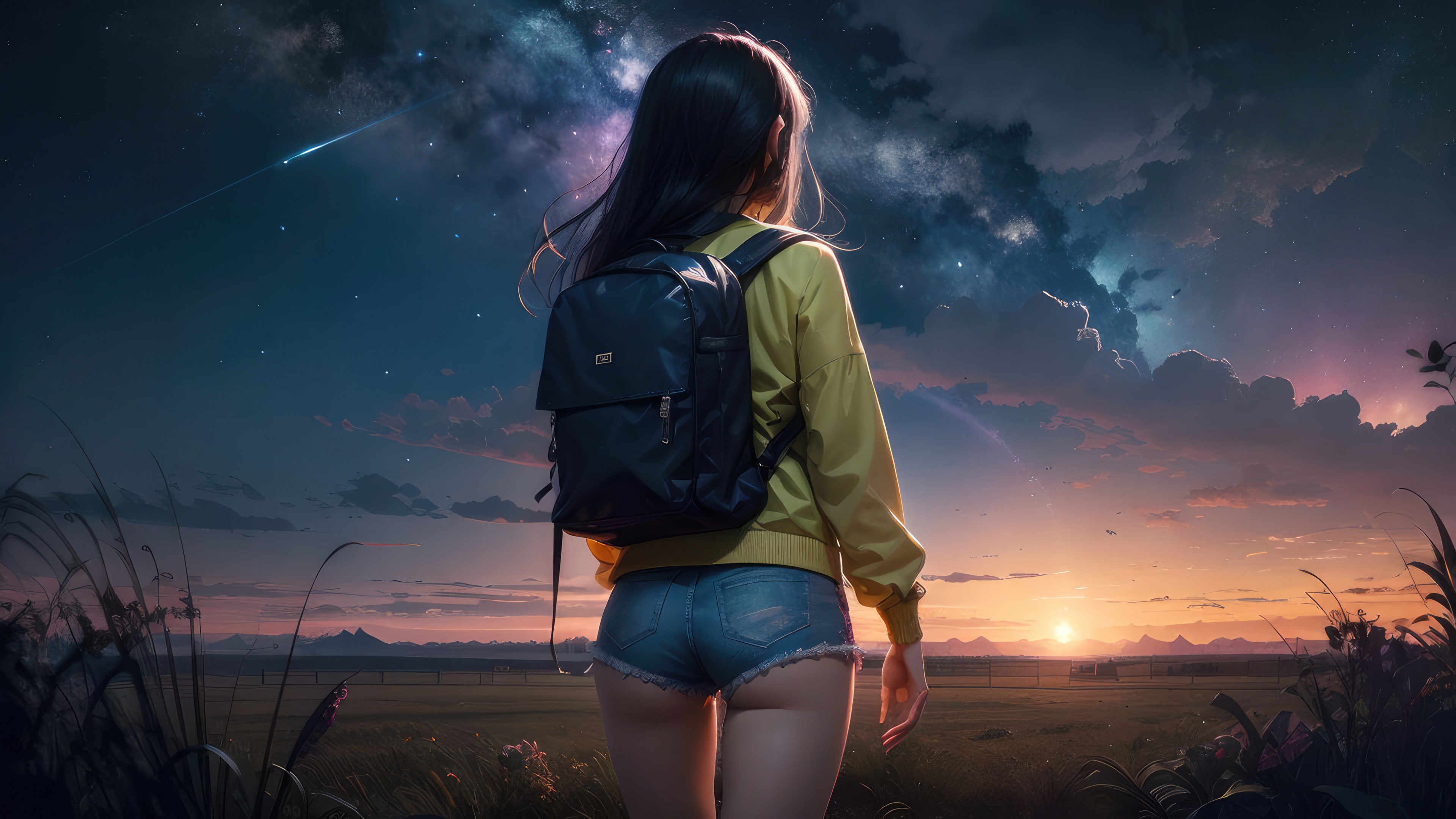 Anime girl with backpack watching the sunset and stars HD Wallpaper