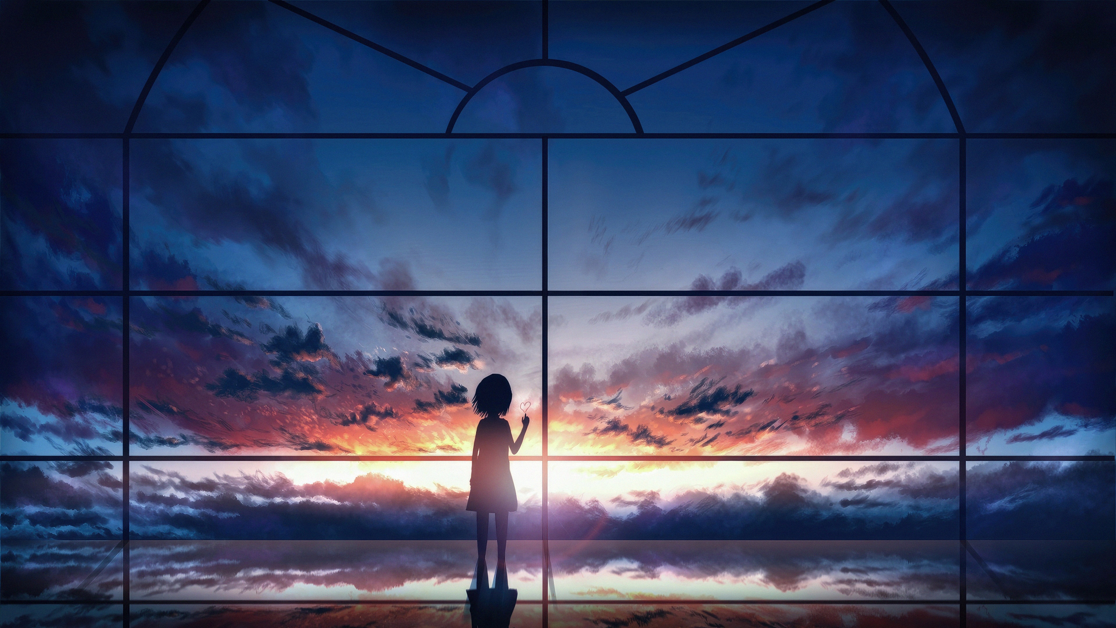Anime girl looking at a sunset through a window HD Wallpaper