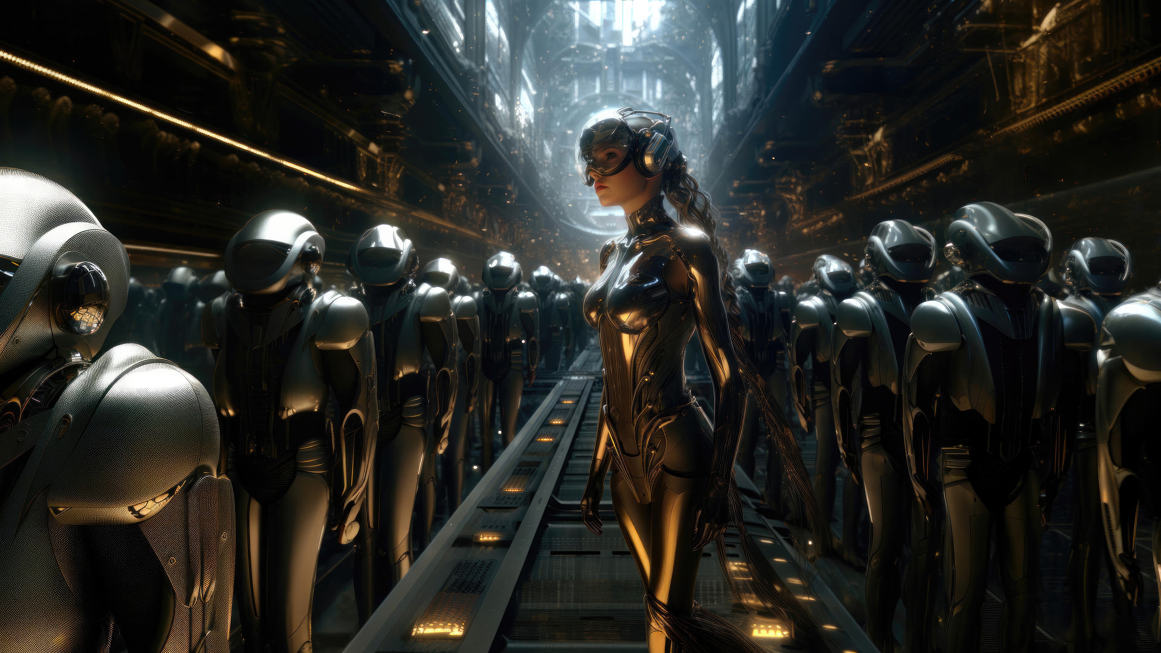 Robot army with a female leader in a sci-fi setting HD Wallpaper