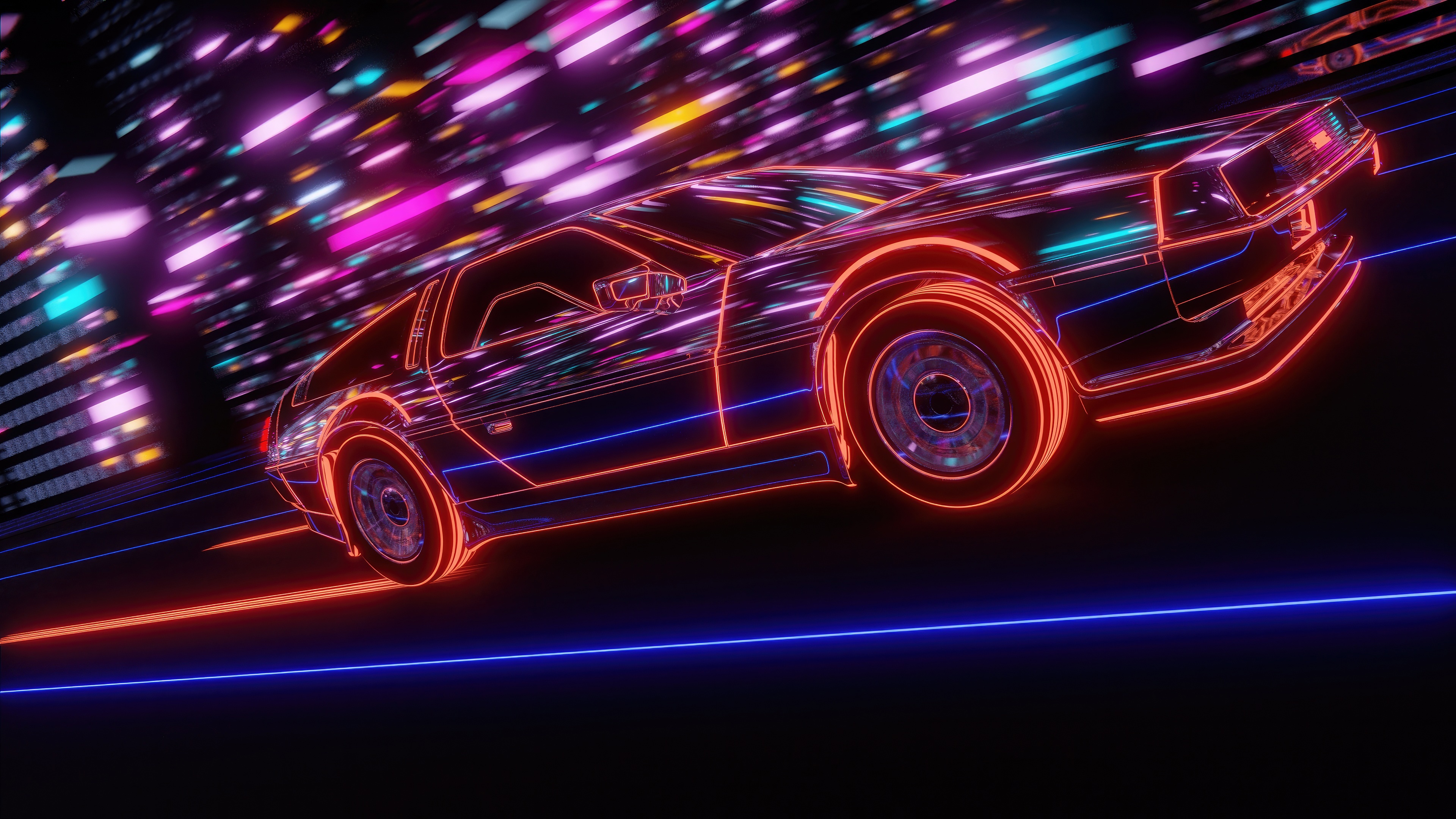 Neon DeLorean driving through a futuristic city HD Wallpaper